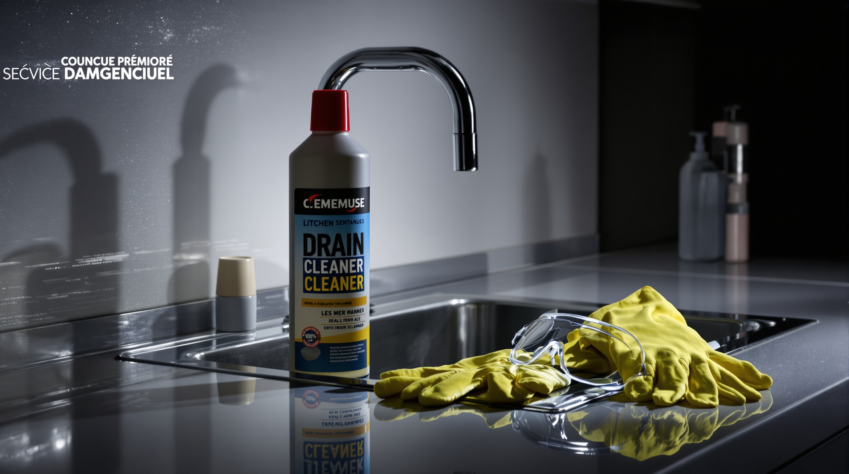 Flacon de déboucheur chimique, gants et lunettes près d'un évier moderne