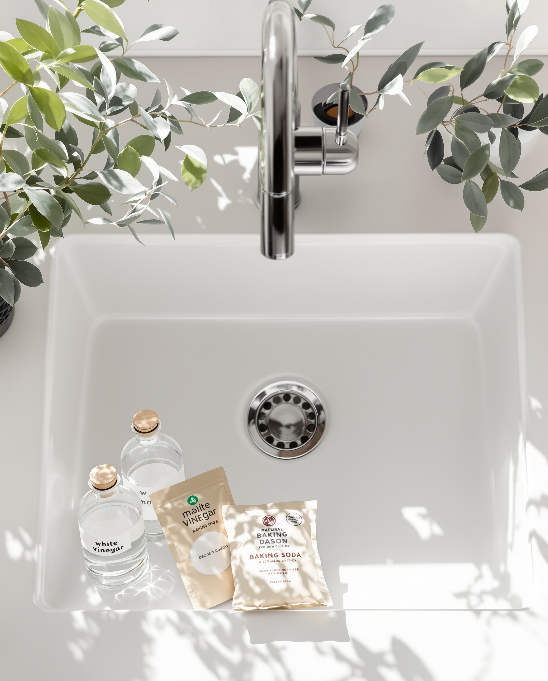 Vue d'évier moderne, ambiance nature, bicarbonate et vinaigre blanc en avant-plan