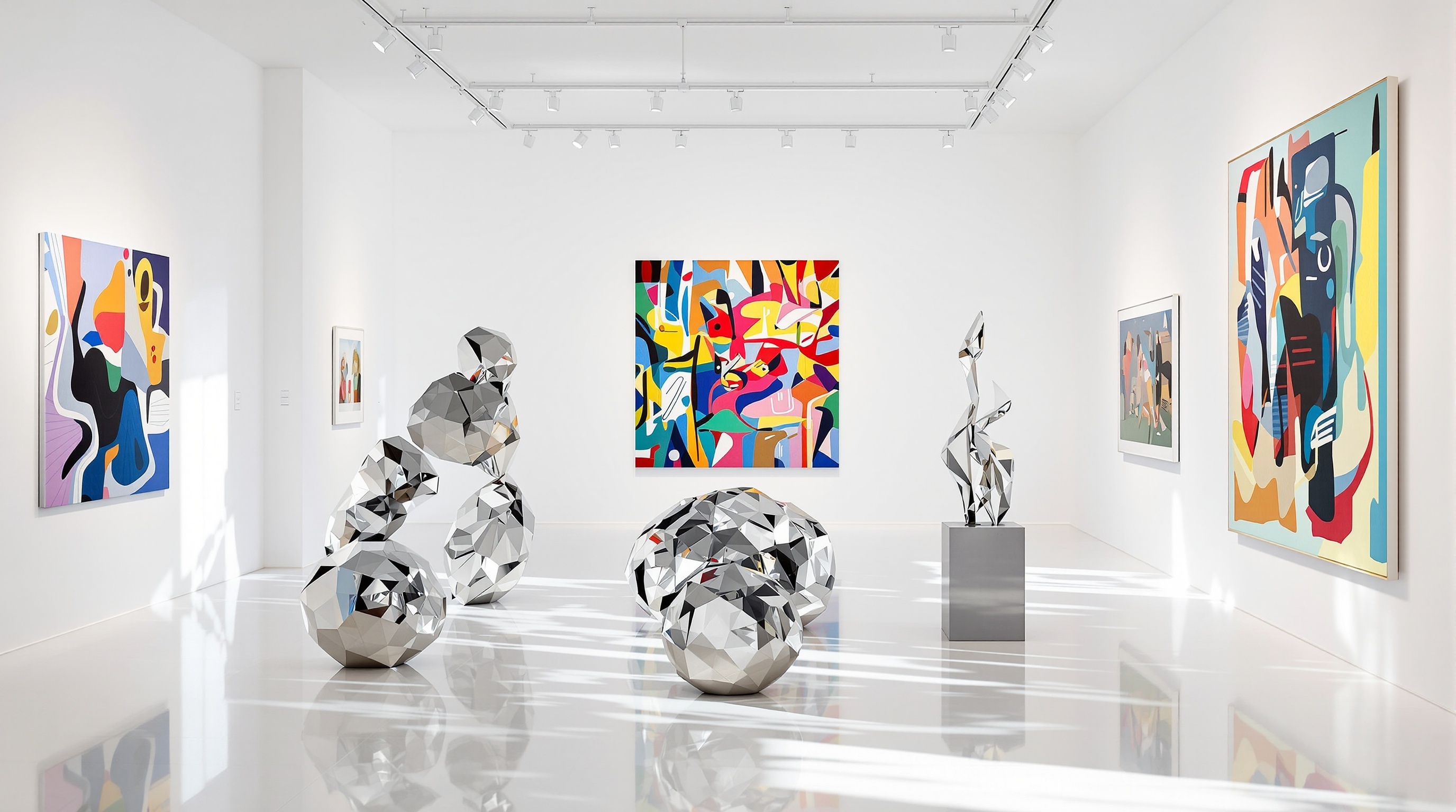 Détail d'une exposition éclectique à L'Oeil du Prince, associant plusieurs médiums contemporains.