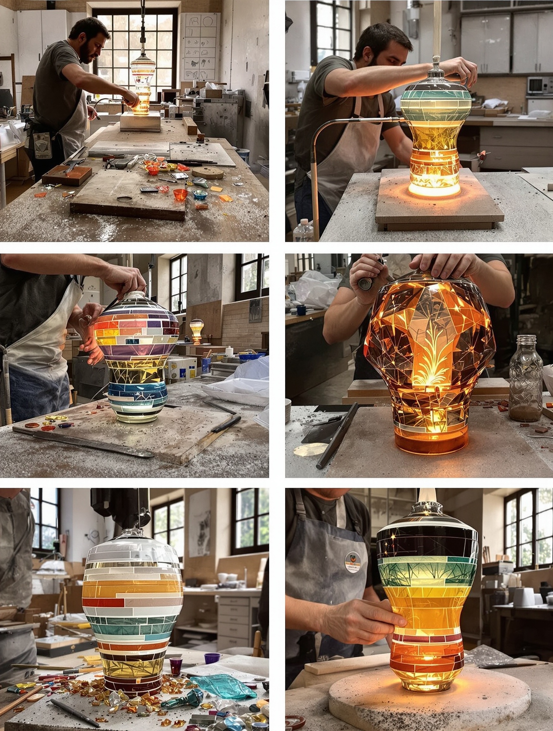 Etapes fabrication lampe pâte de verre atelier verrier technique gravure superpositions