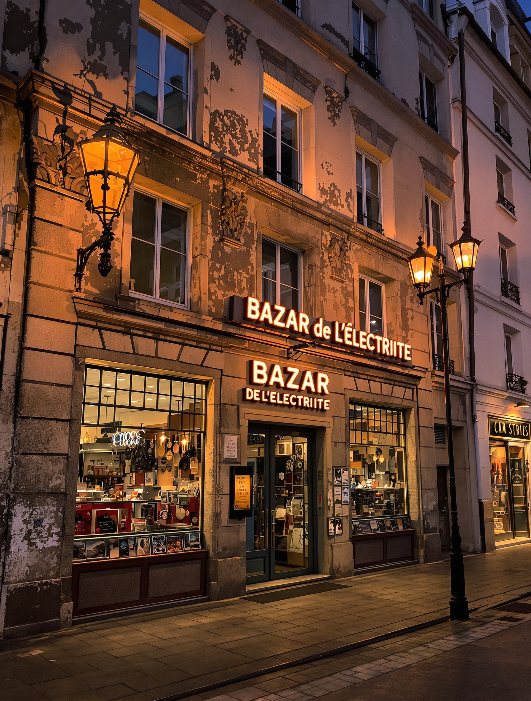 Façade ancienne du Bazar de l'Électricité à Paris, enseigne historique éclairée en soirée.