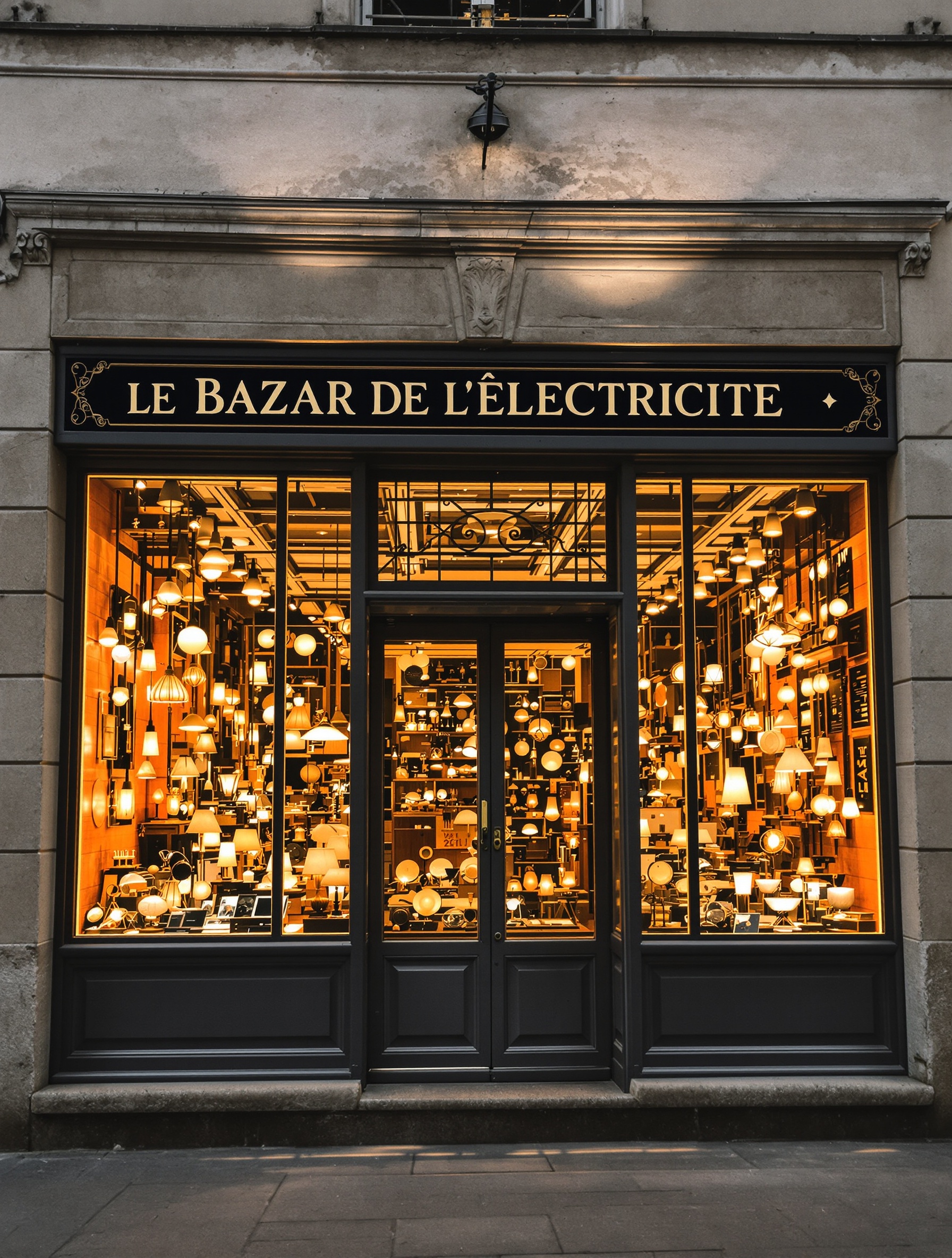 Façade extérieure du magasin Le Bazar de l'Électricité à Paris, avec son enseigne historique et ses vitrines remplies de luminaires, invitant à la découverte.