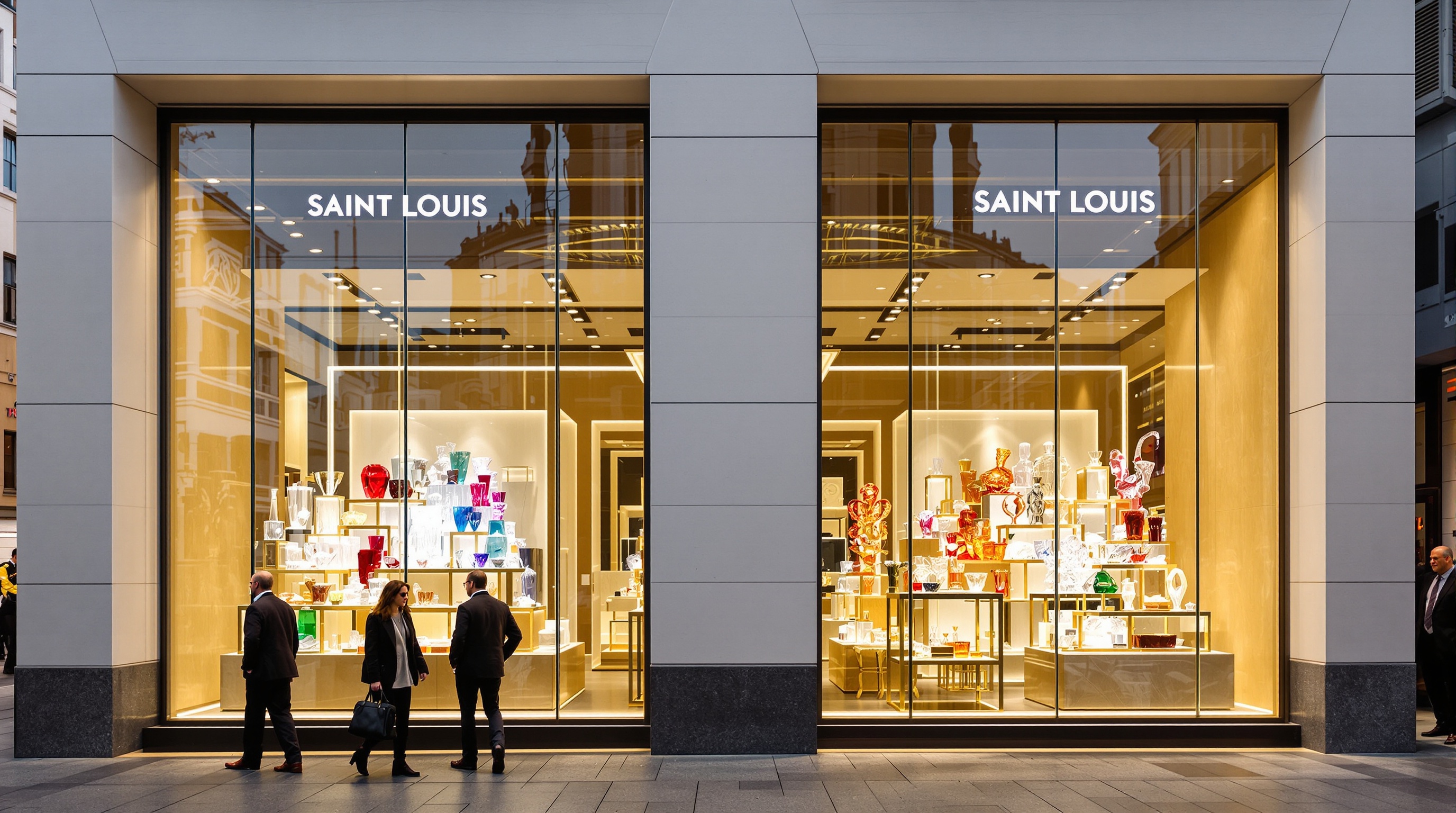 Façade élégante d'une boutique Saint Louis à Paris, avec vitrines illuminées présentant des objets en cristal coloré et transparent.