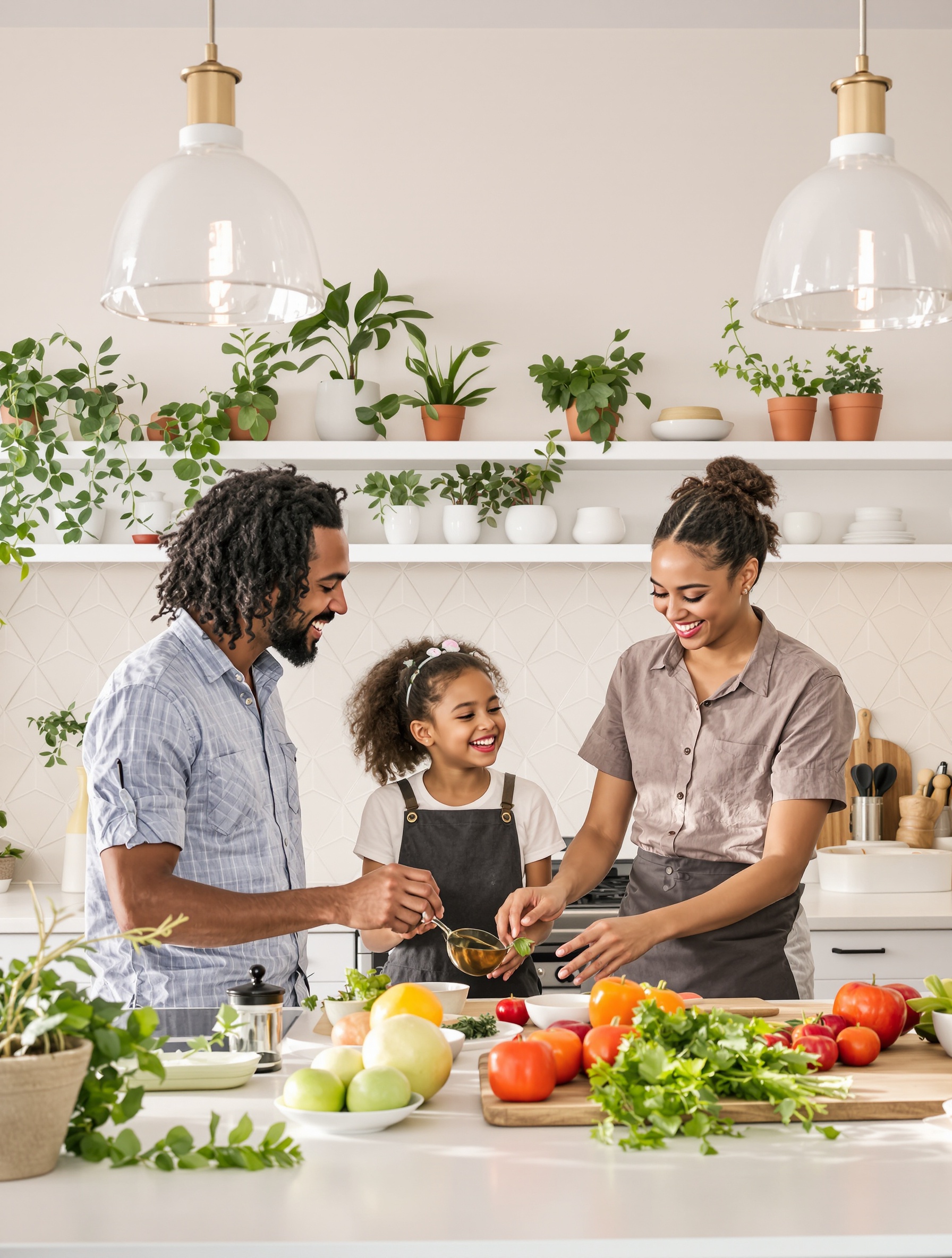 Famille riante dans une cuisine rénovée moderne, ambiance chaleureuse et conviviale.
