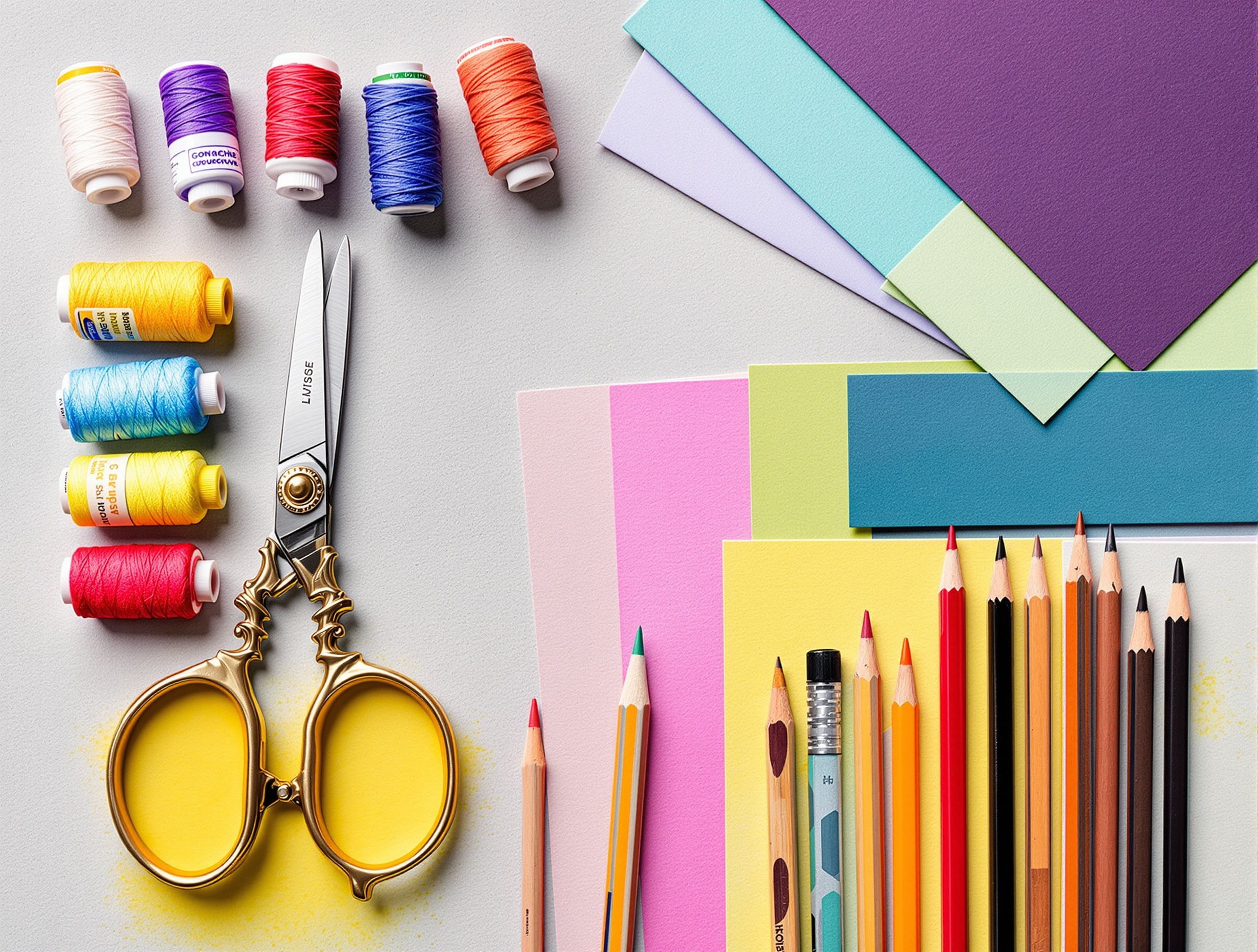 Matériel créatif de base présenté en flat lay coloré avec ciseaux vintage, bobines de fil et crayons taillés.