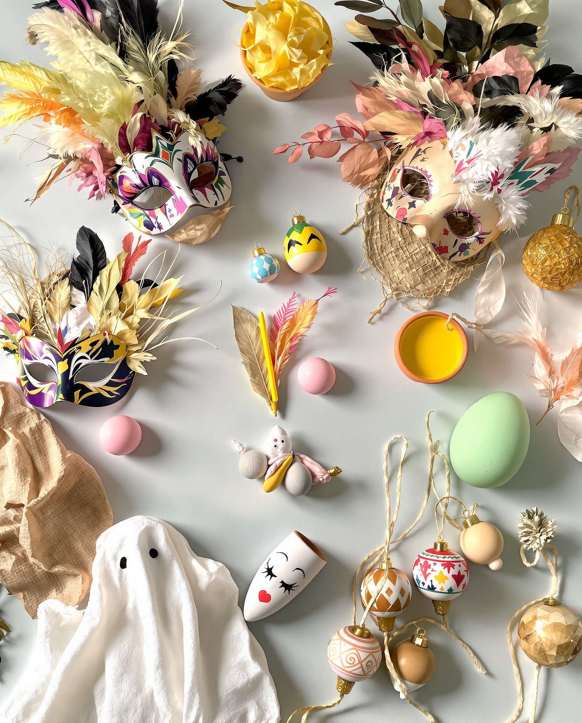 Travaux manuels festifs : œufs colorés naturellement, masques customisés avec plumes et feuilles séchées, pot peint main, fantôme gazeux et ornements Noël maison.