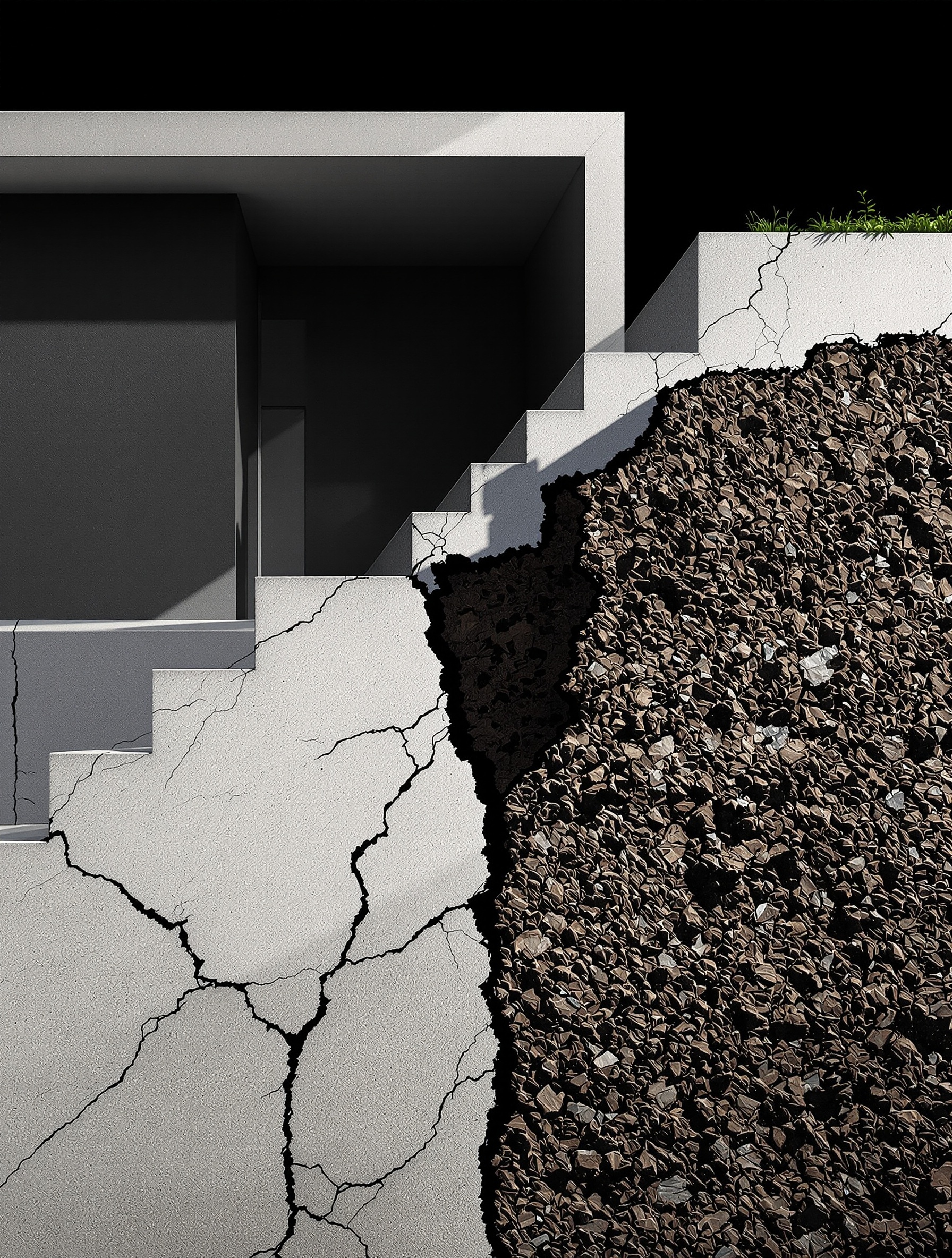 Fondations fissurées vue en coupe façon brutaliste