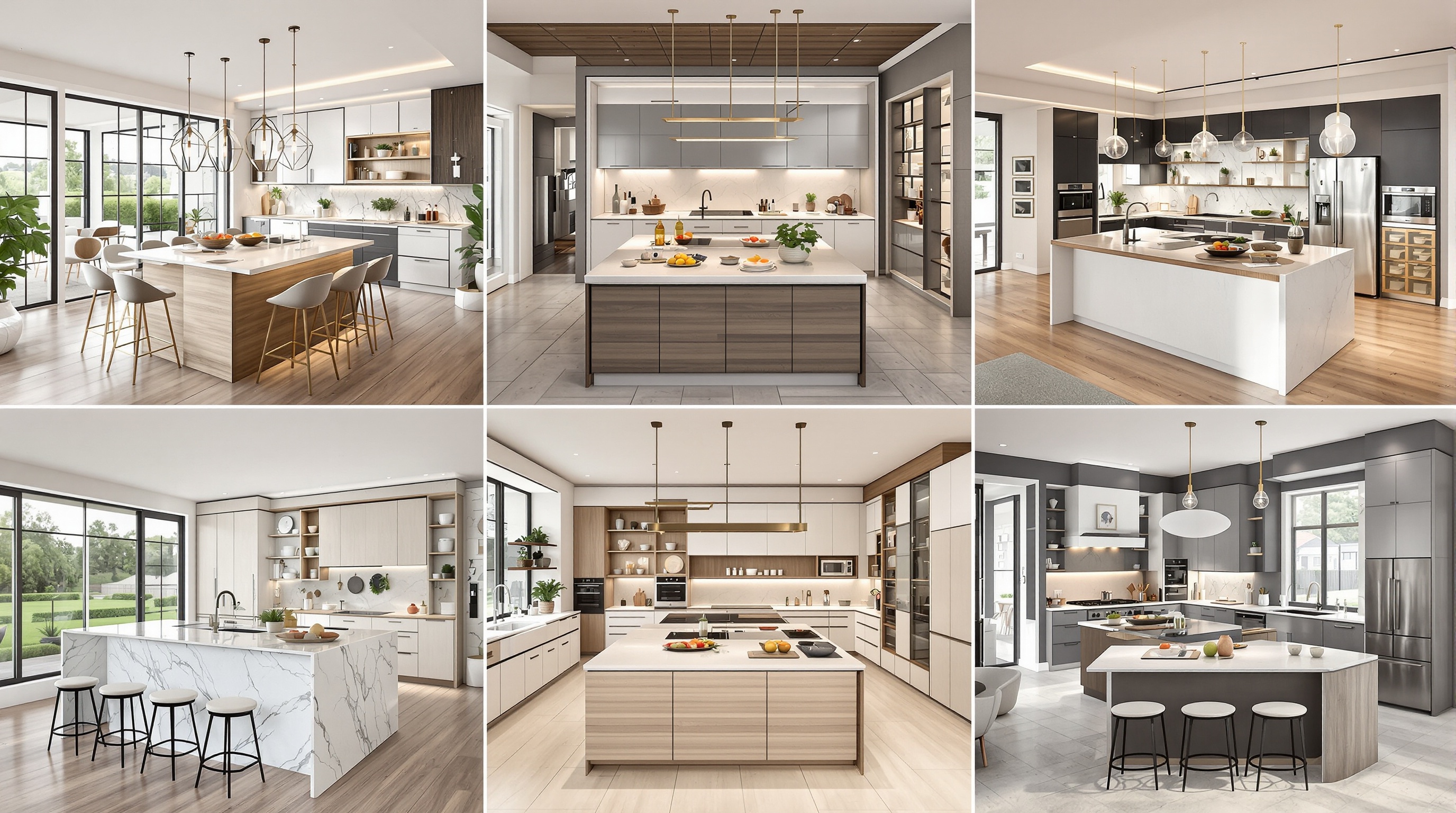 Différentes formes d'îlots centraux - rectangulaire, carré, arrondi, en L - dans des cuisines ouvertes modernes