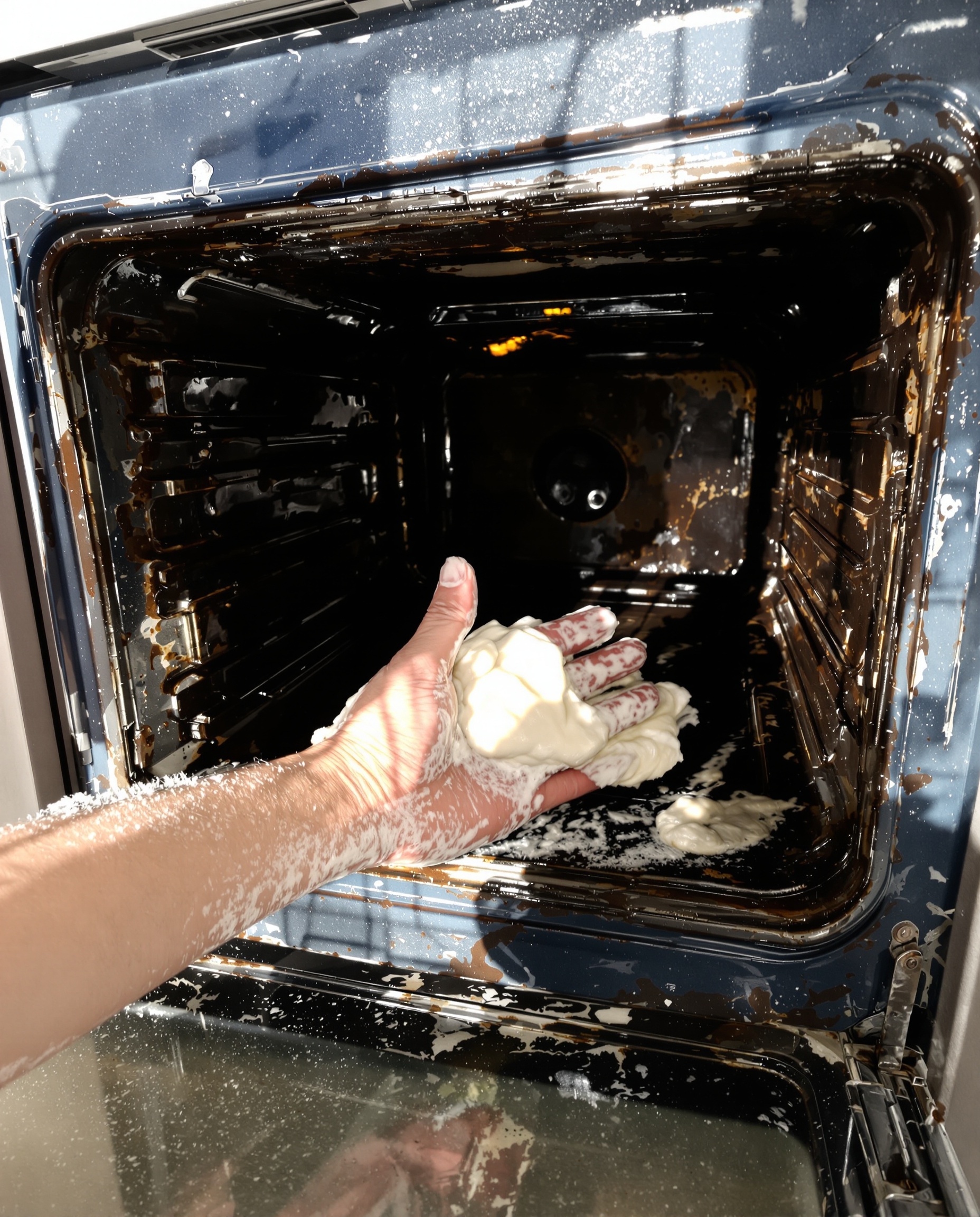 Application d'une pâte issue d'une pastille lave-vaisselle dissoute sur les parois d'un four très sale.