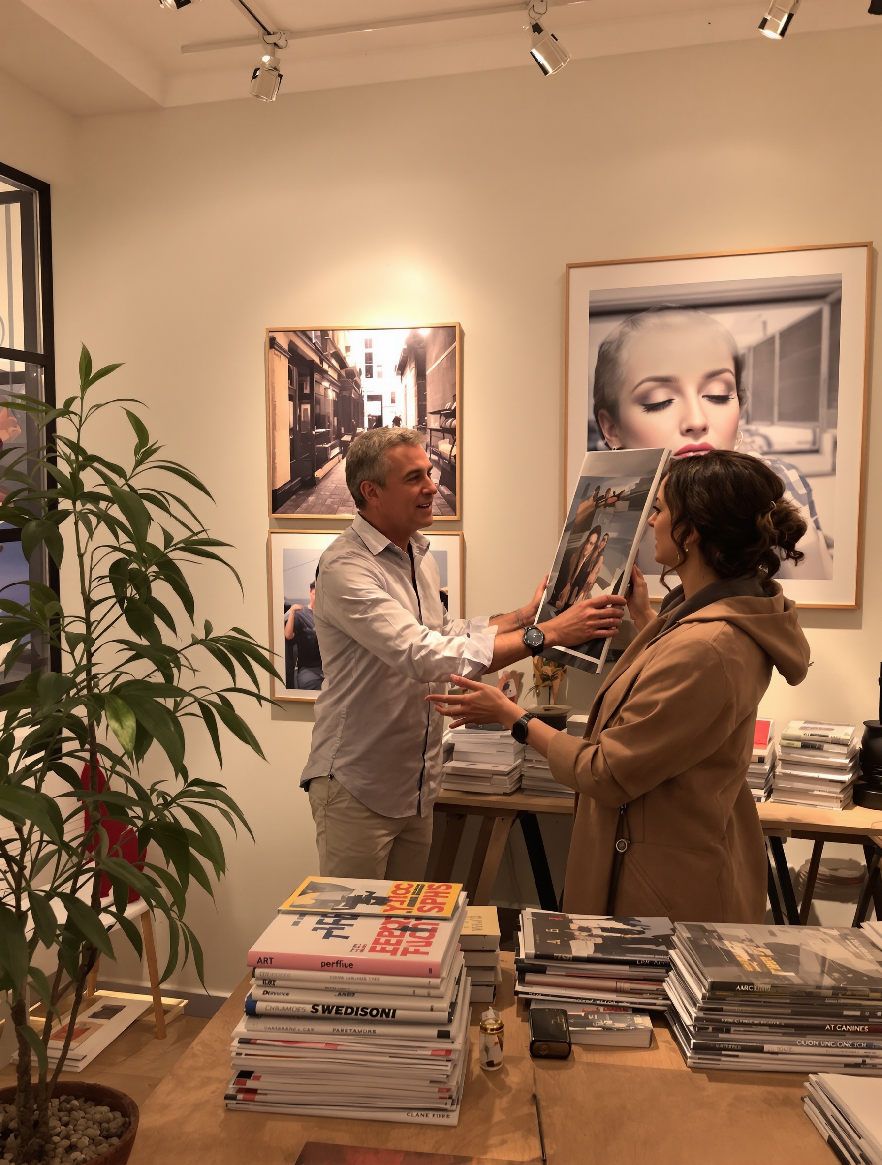 Galeriste charismatique expliquant une œuvre à un visiteur curieux, ambiance complice.