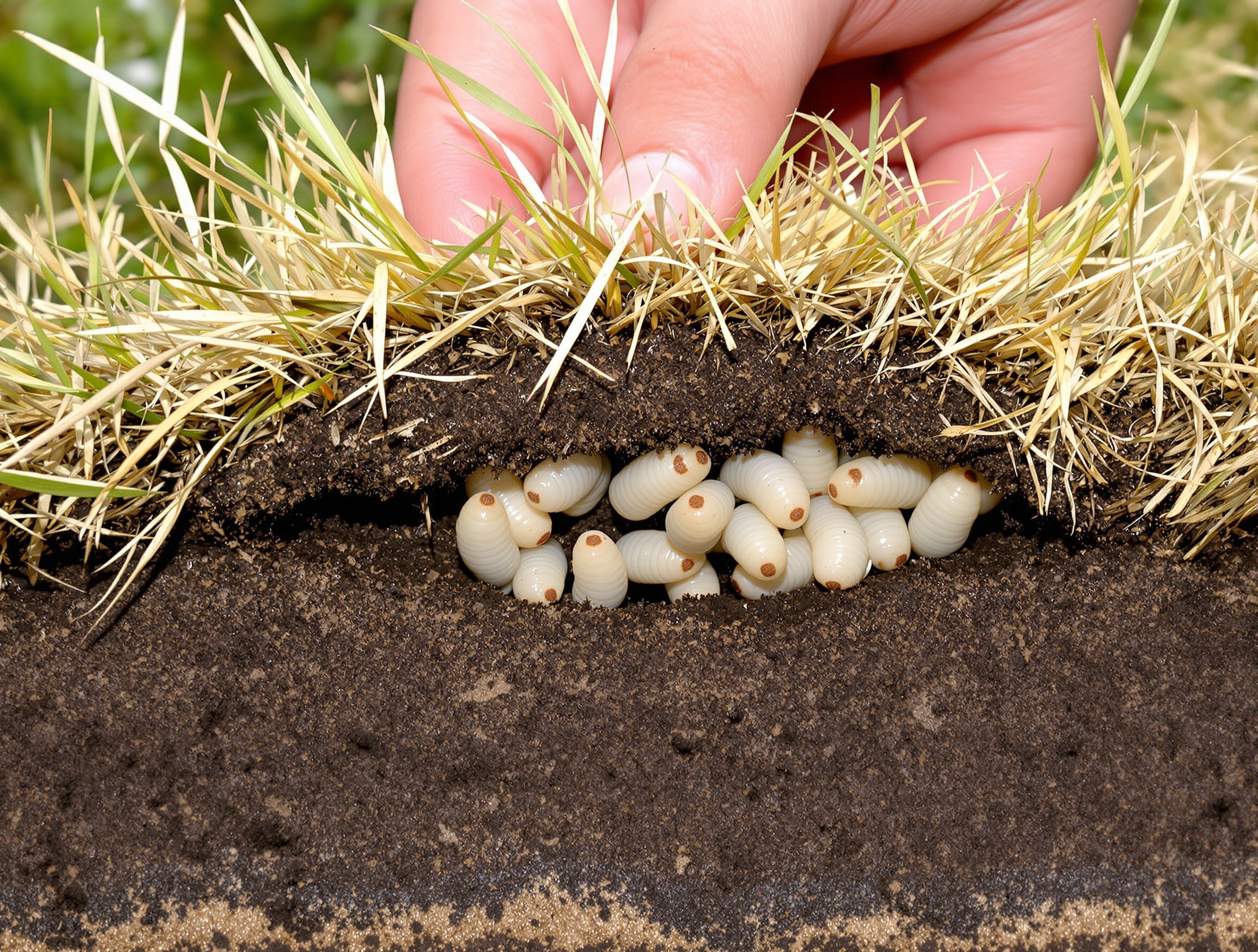 Plaque de gazon sèche soulevée révélant plusieurs larves dodues juste sous la surface.