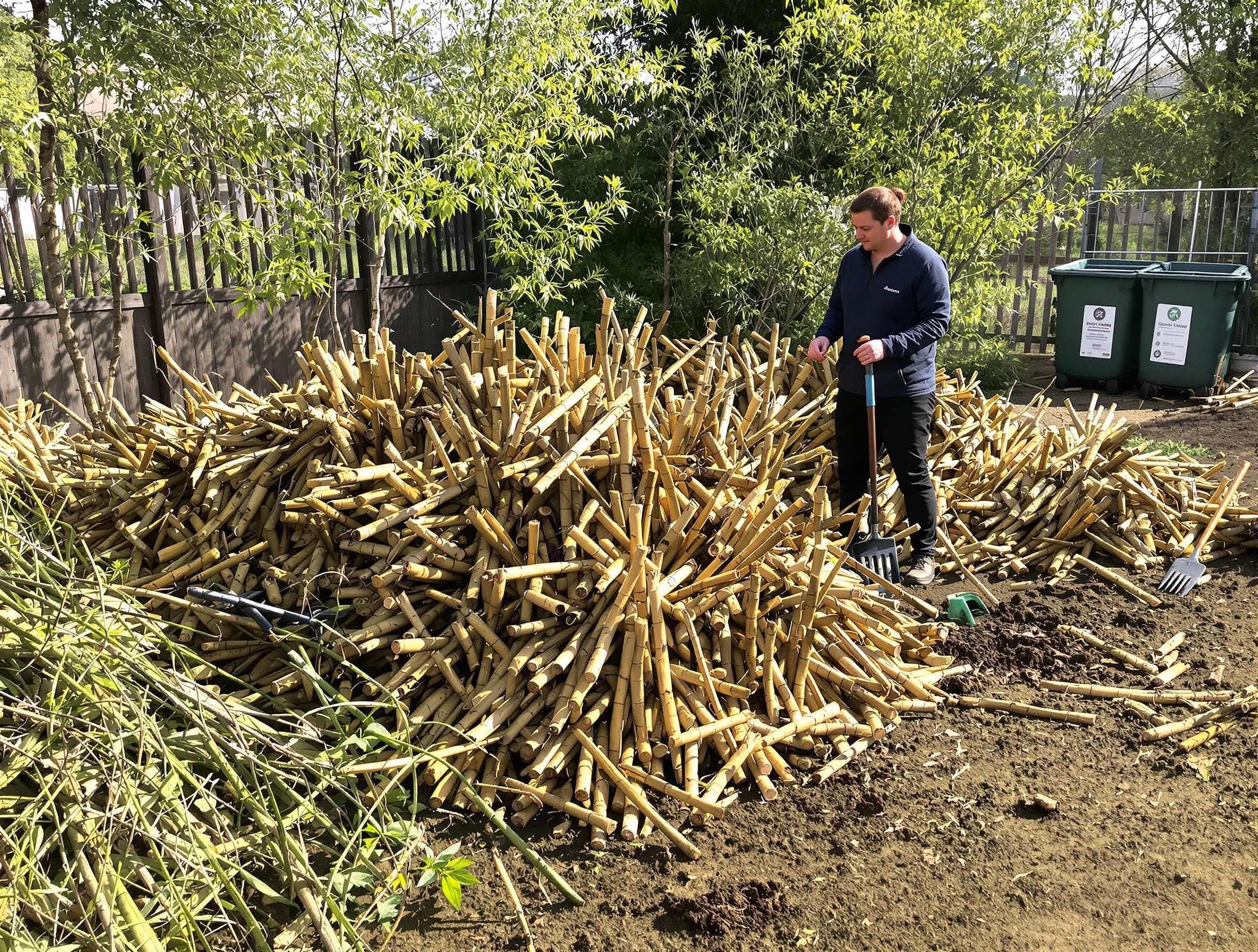 Gestion des déchets verts de bambou avec composteurs et conteneur à collecte.