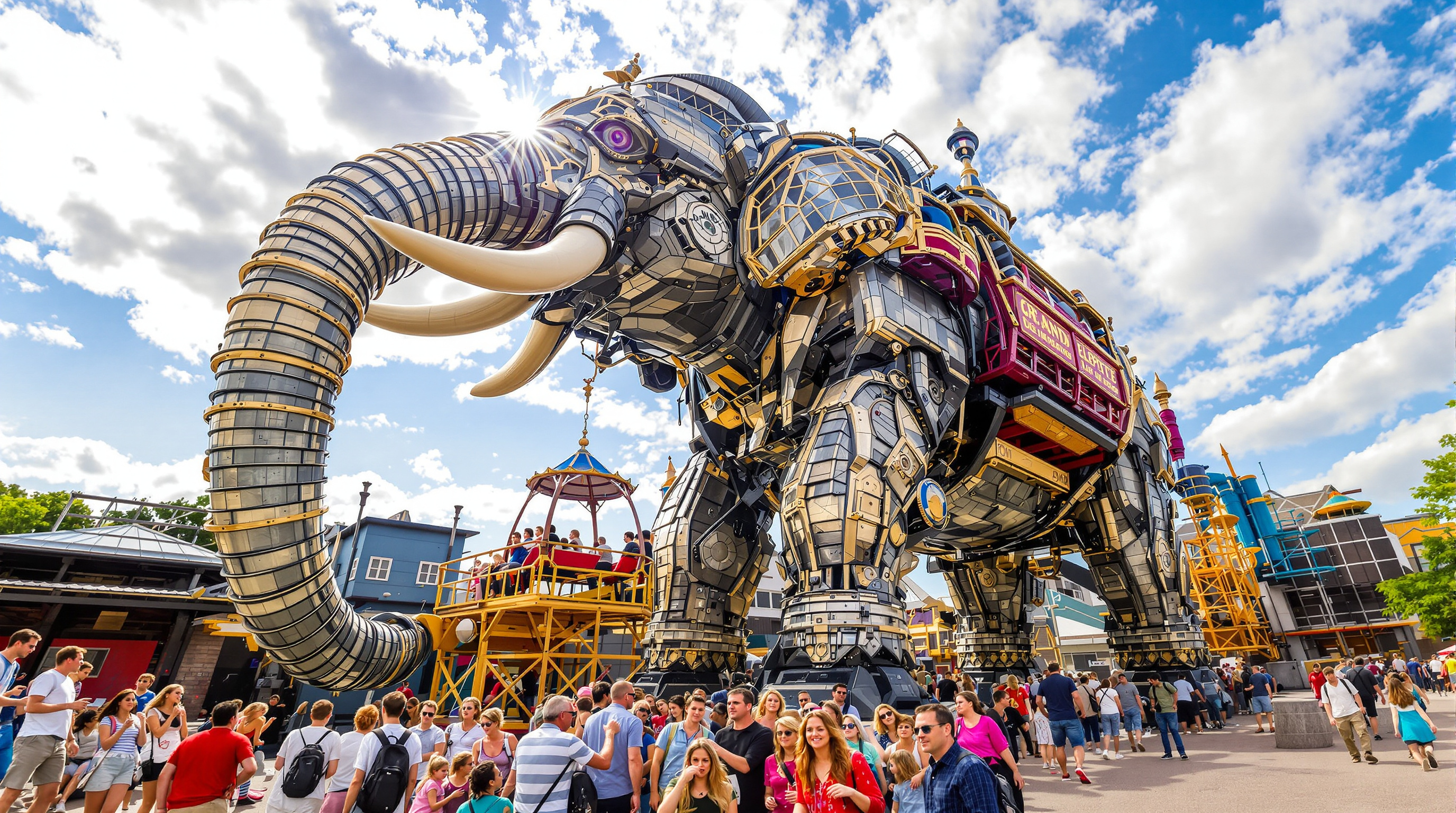 Le Grand Éléphant des Machines de l'île à Nantes, majestueux et fumant, transporte des visiteurs sous le regard ébahi d'une famille, incarnant l'émerveillement et la magie d'une sortie culturelle hors-norme.