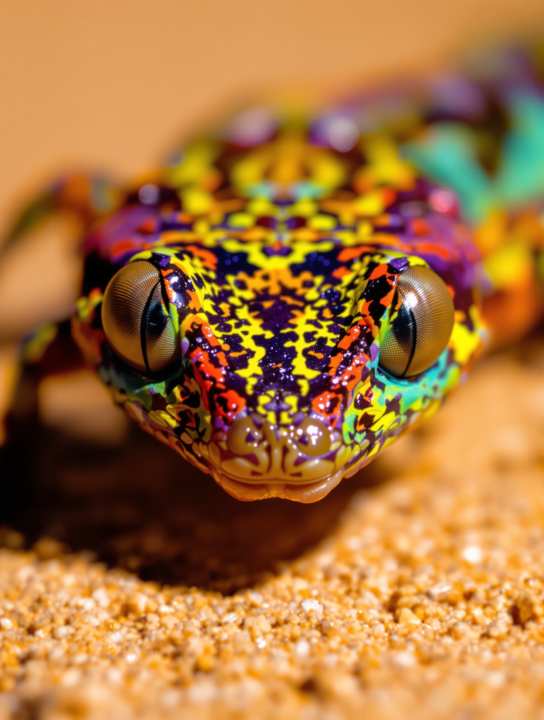 Gros plan sur un animal du désert aux couleurs surprenantes, exposition Déserts au Muséum national d'Histoire naturelle