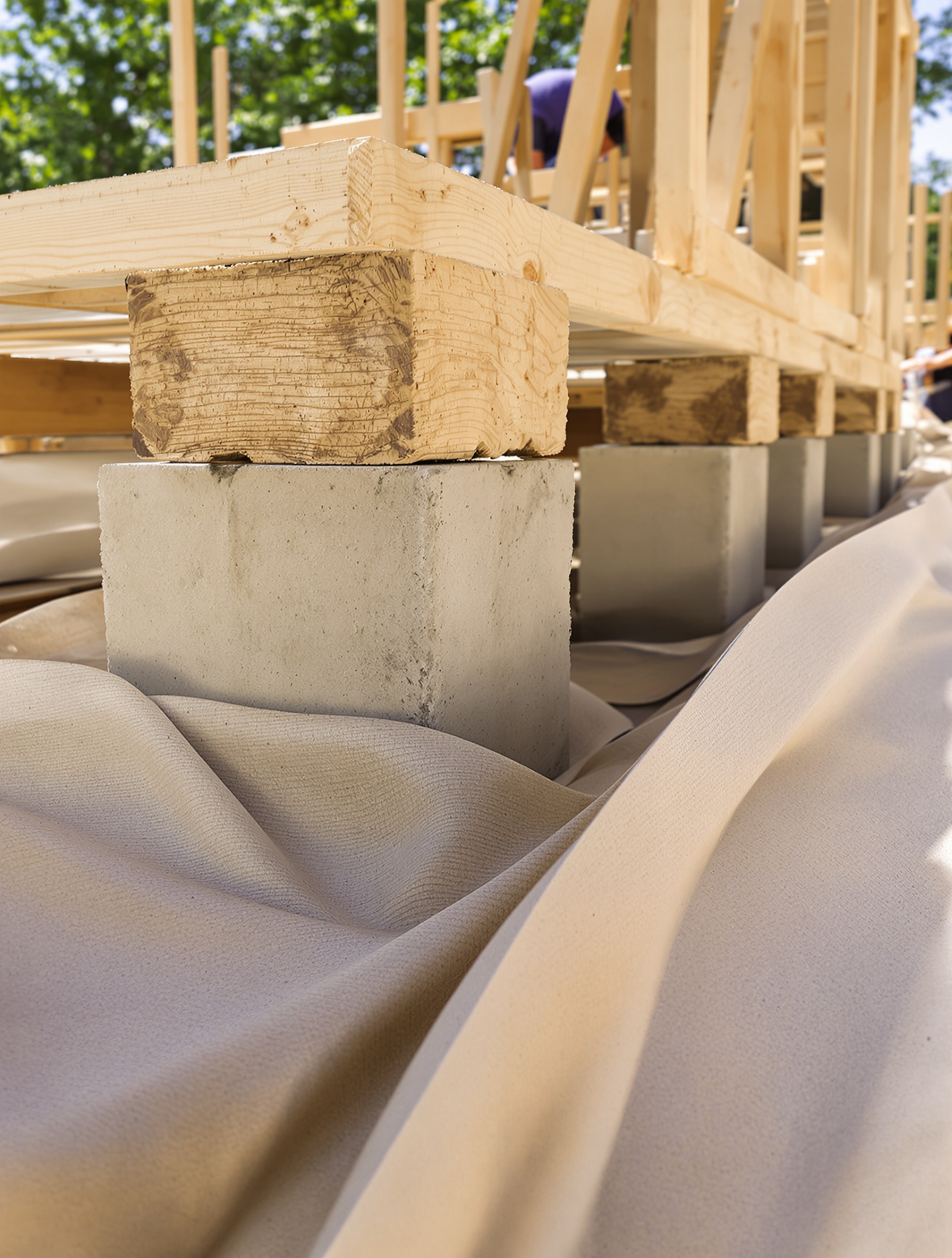 Gros plan sur la base d'une cabane en palette : plots béton, feutre géotextile visible, palettes prêtes à être posées