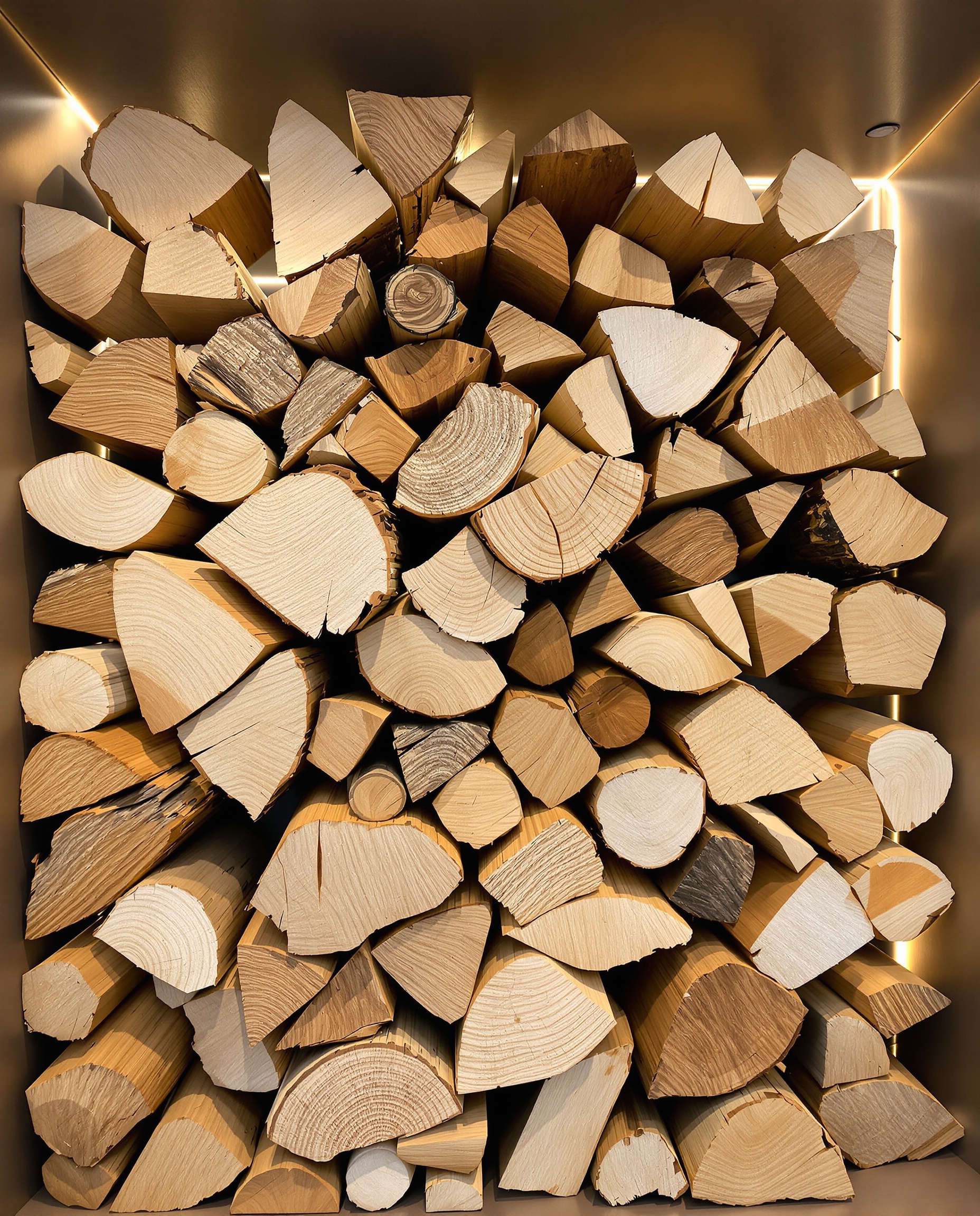 bûches mélangées et LED dans étagère IKEA, ambiance artistique