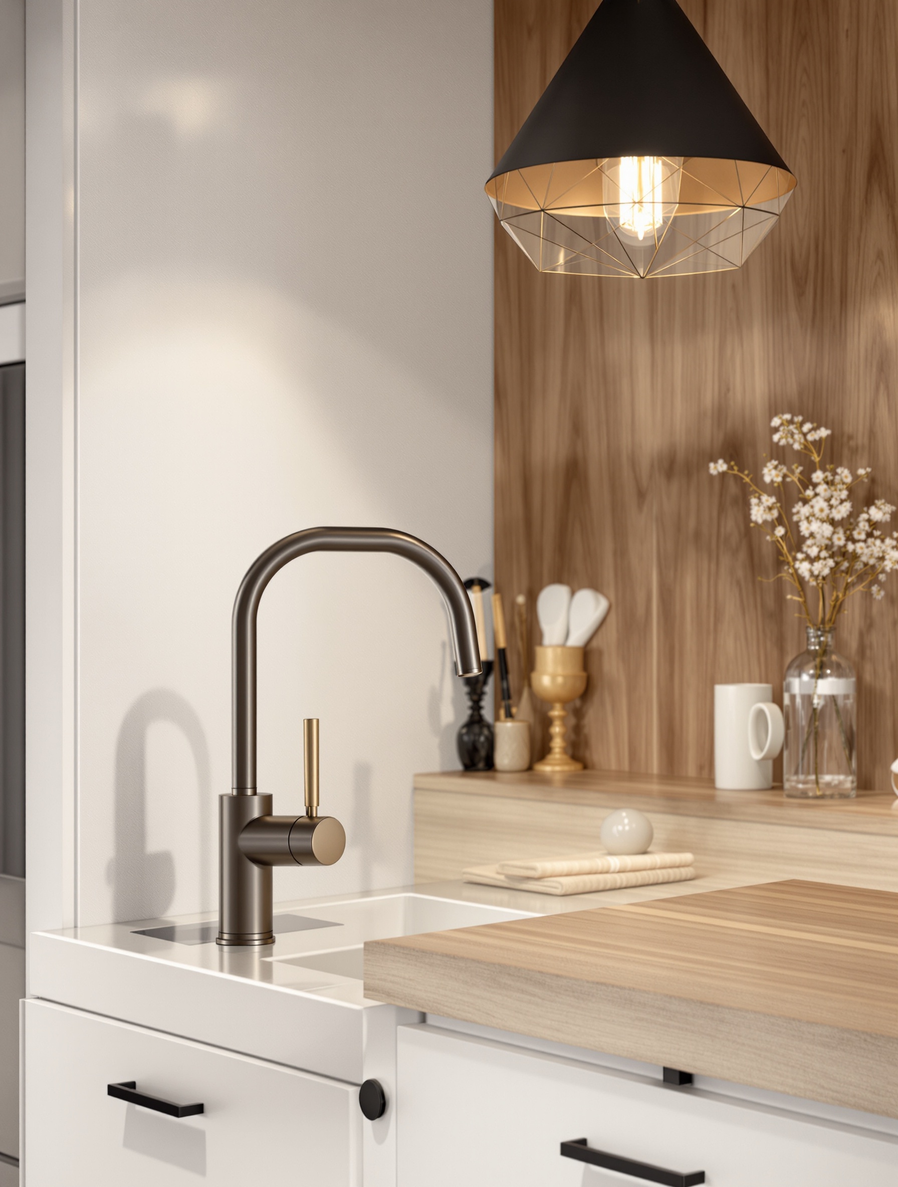 Gros plan sur des détails design : robinetterie dorée moderne, poignées noires mates et suspension graphique.