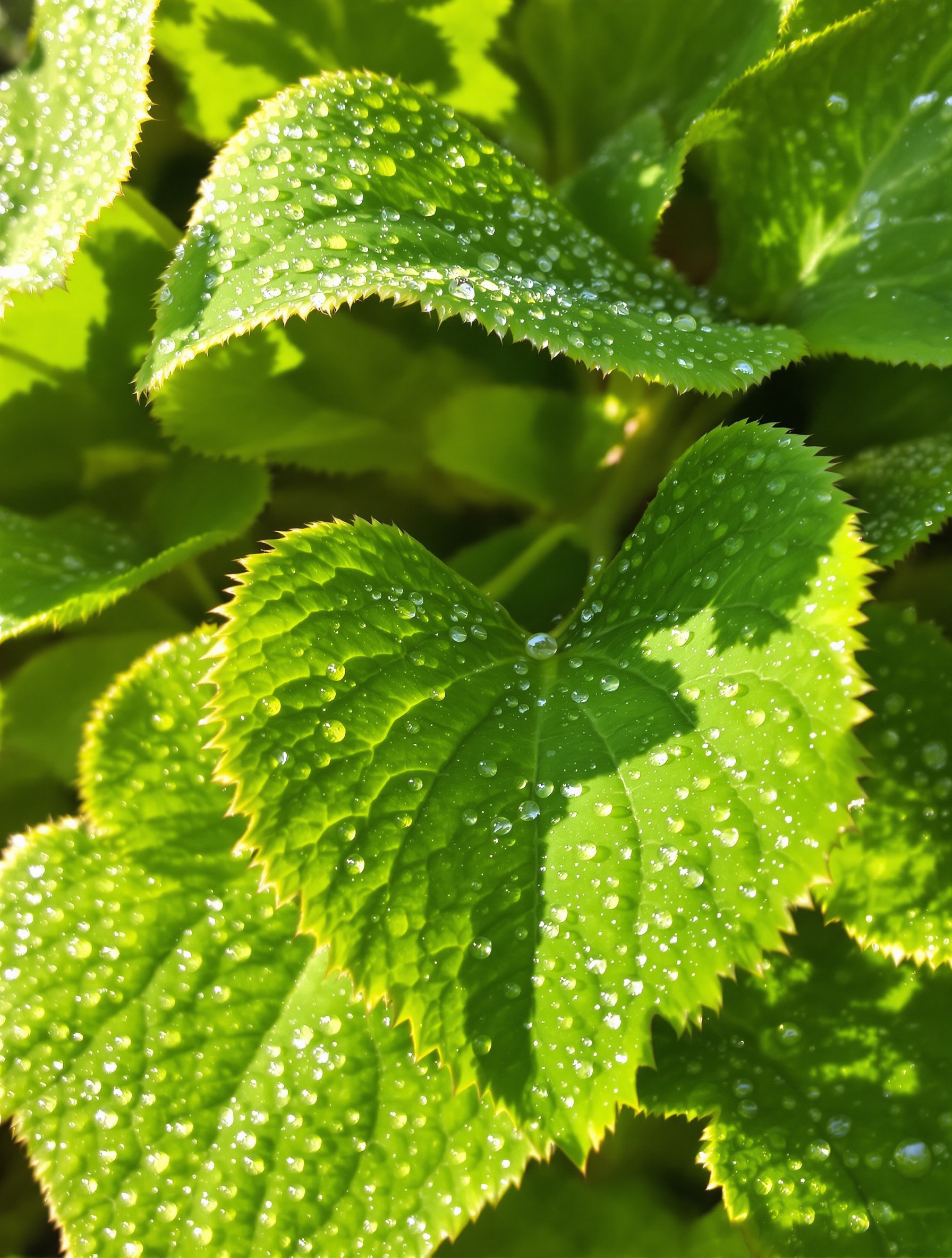 Feuillage sain couvert de gouttelettes sous la lumière dorée du matin – arrosage idéal