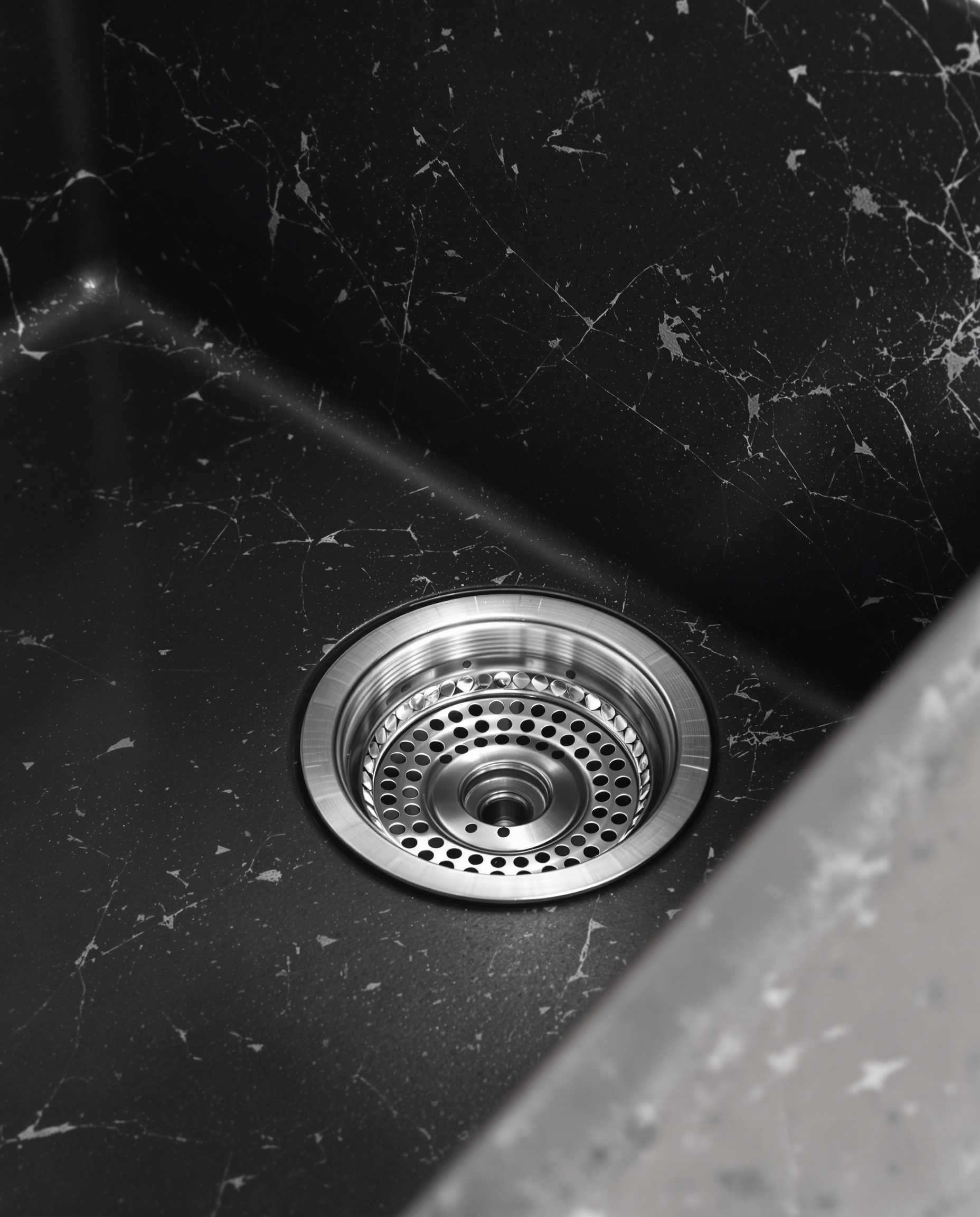 Filtre d'évier design en acier inoxydable intégré dans évier granit noir