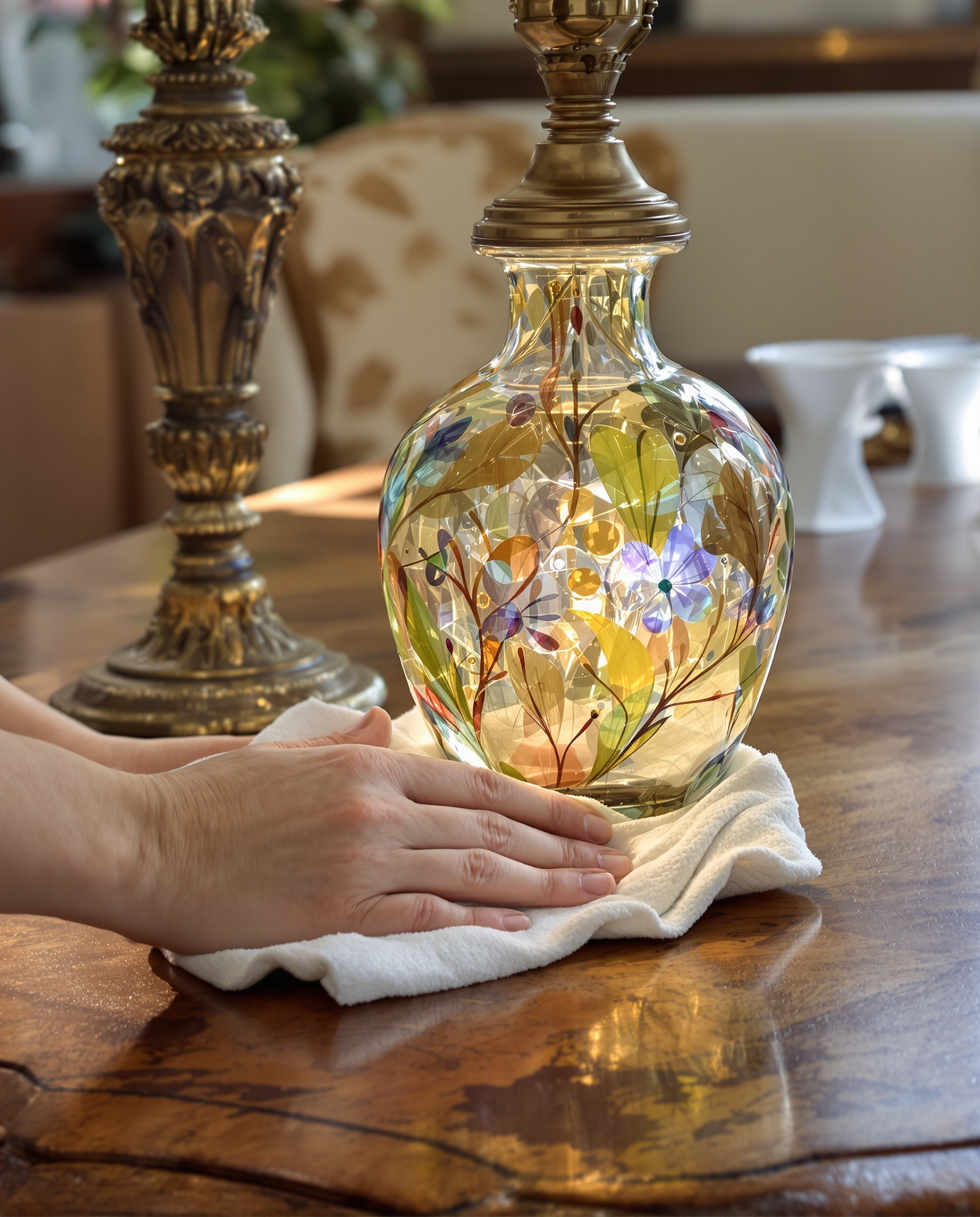 Nettoyage soigné lampe pâte de verre authentique chiffon doux atmosphère atelier