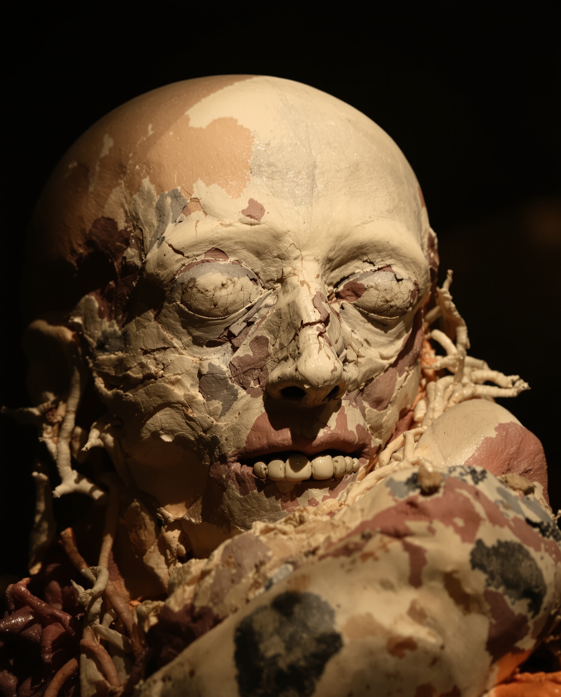Gros plan sur un moulage en cire anatomique du 19ème siècle montrant avec précision les détails d'un visage ou d'un organe. La texture de la cire et la finesse des couleurs créent une œuvre à la frontière entre science et art macabre.