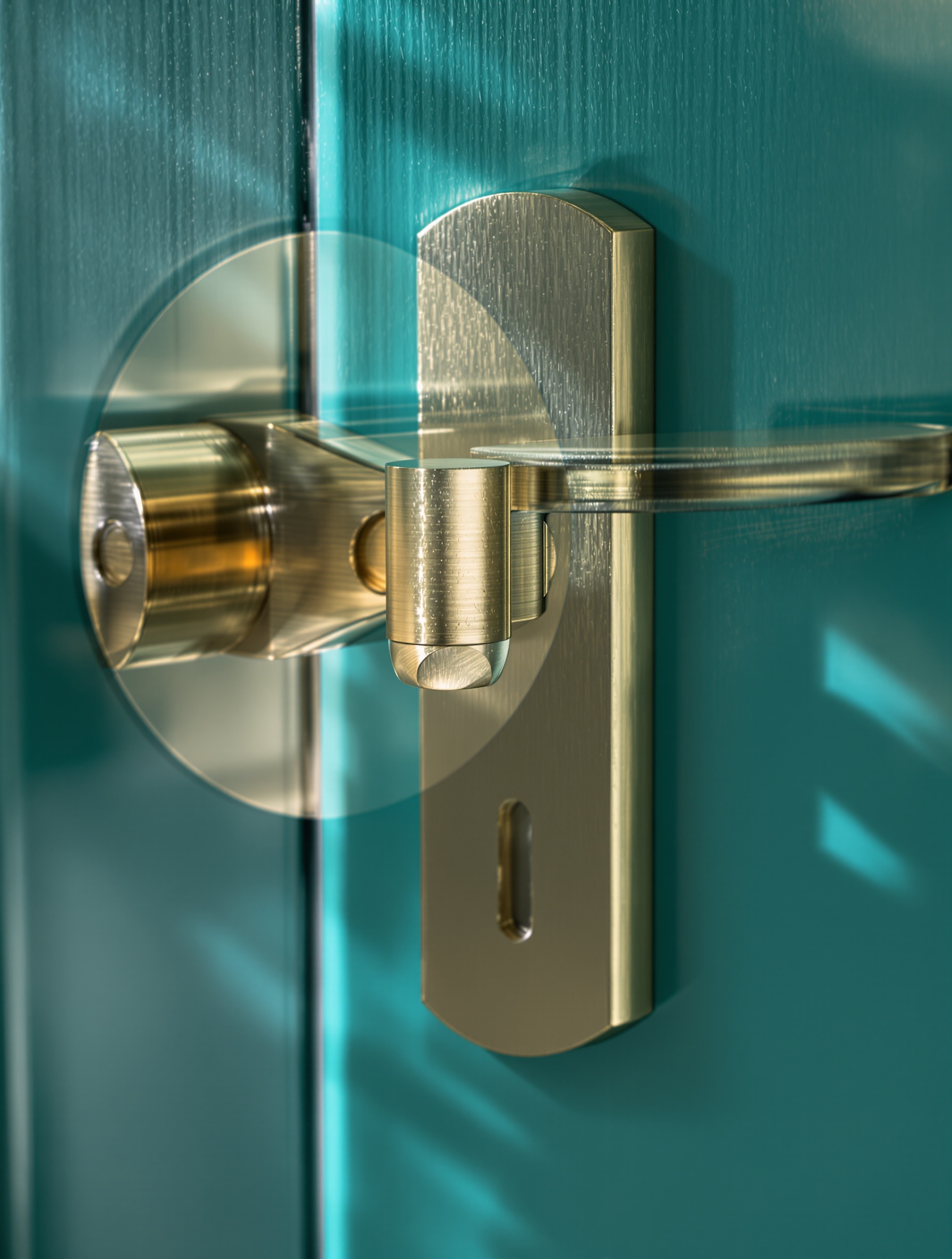 Gros plan sur une poignée de porte intérieure au design moderne et original, assortie à la couleur de la porte.