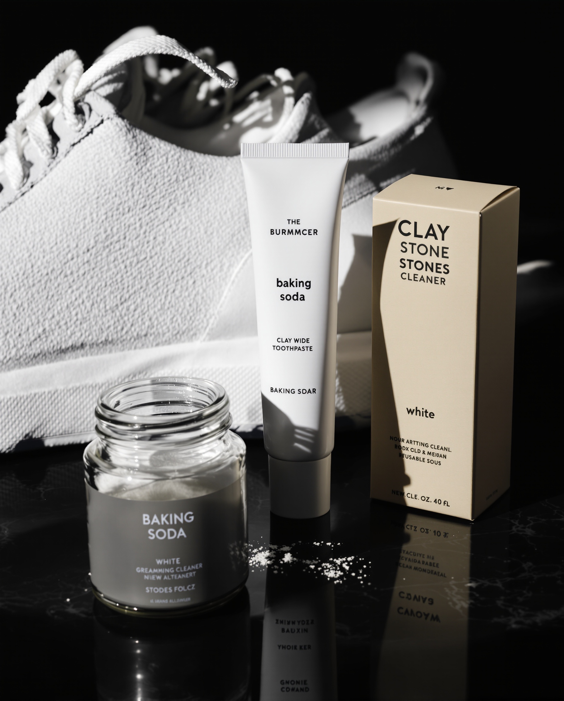 gros plan artistique bicarbonate dentifrice pierre argile sneaker blanche