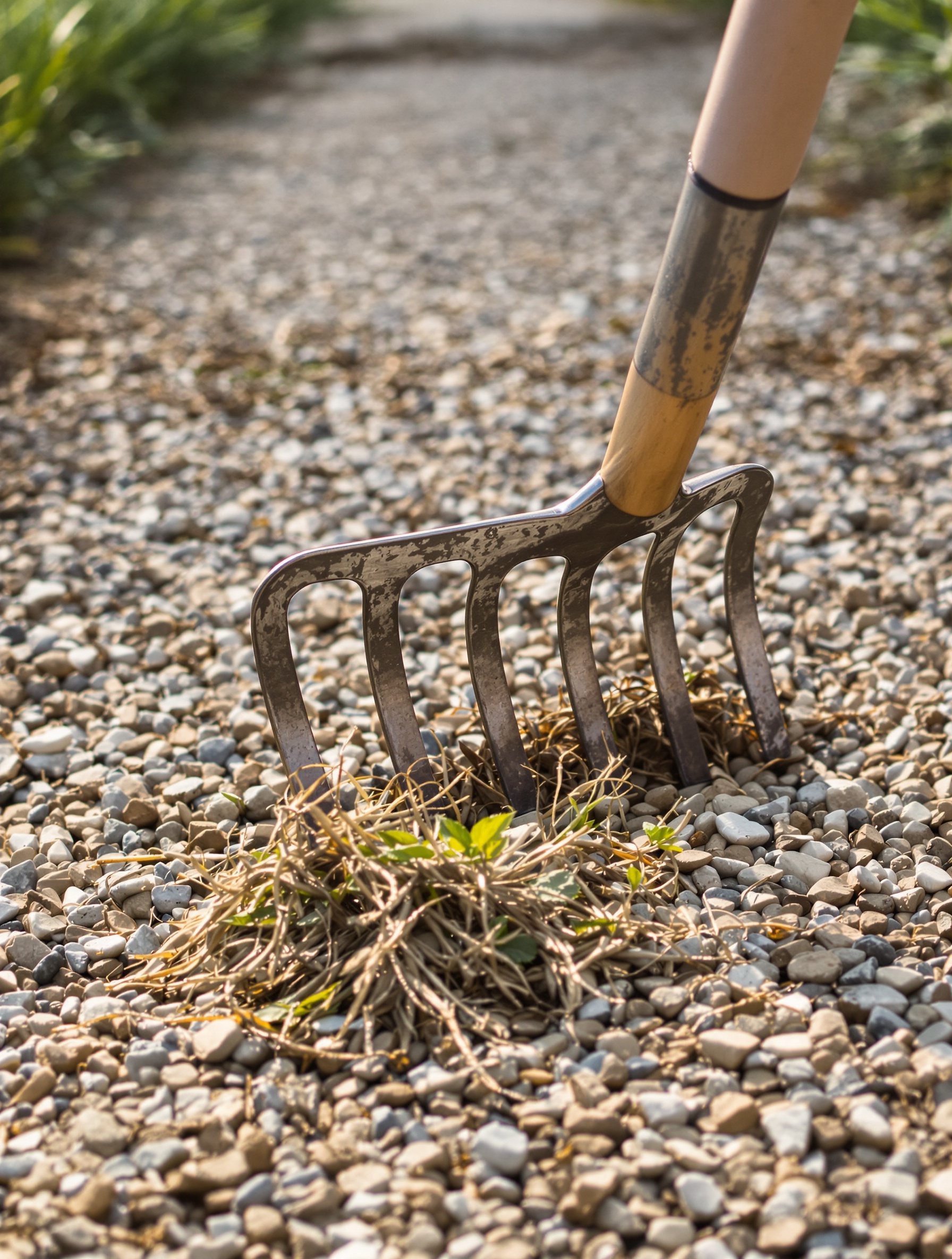 Ratissage du gravier et arrachage manuel de mauvaises herbes sur une allée élégante