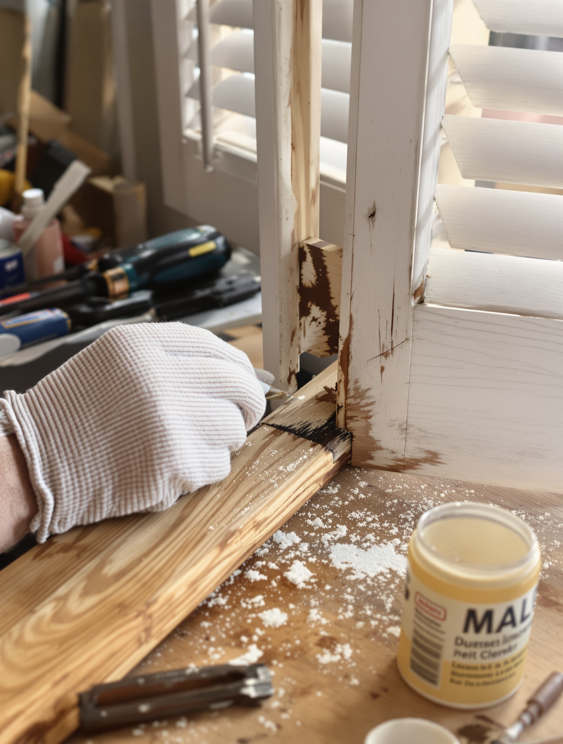 Réparation d'un volet en bois : application de pâte à bois après durcisseur
