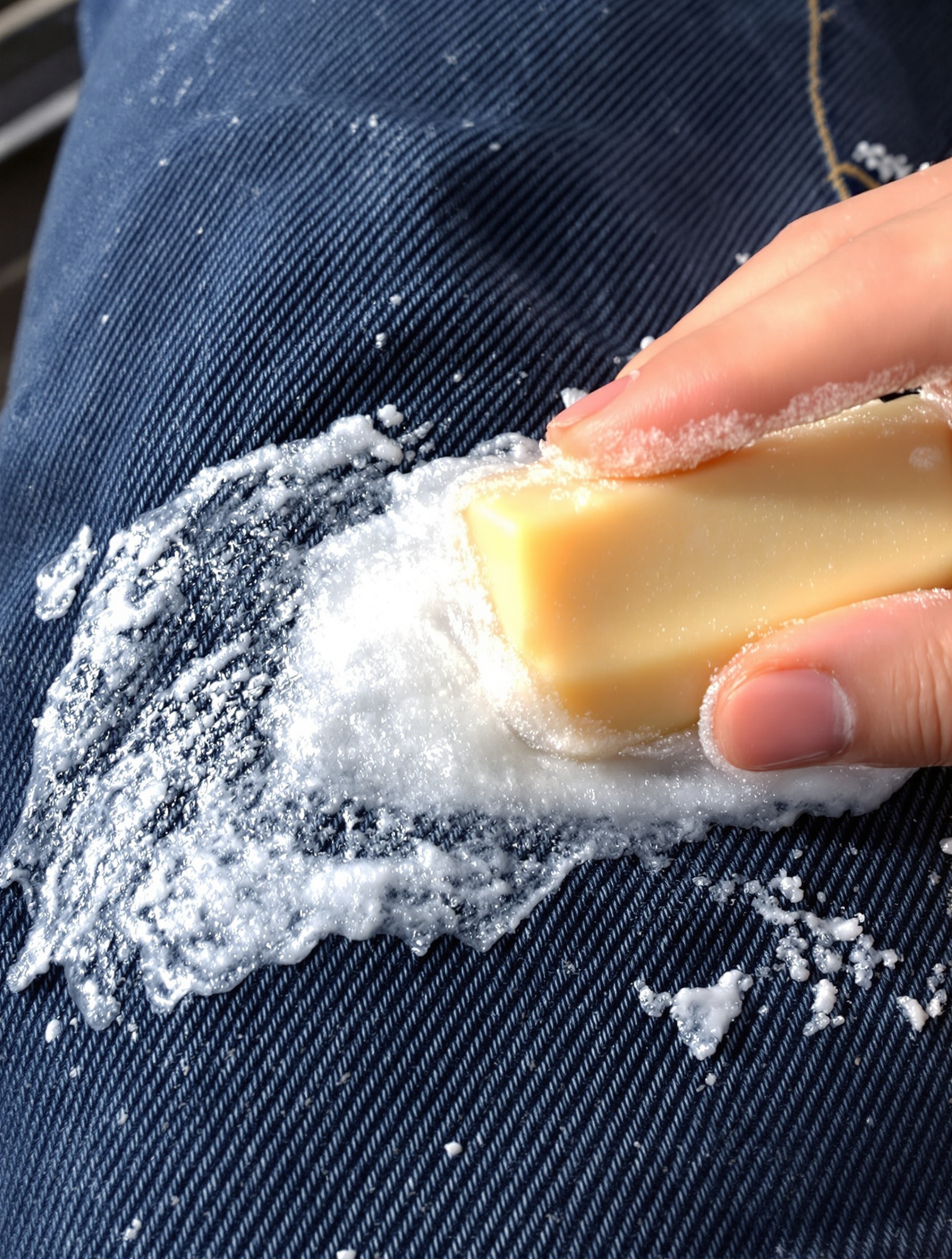 Savon au fiel de bœuf sur tache d'herbe sur jean
