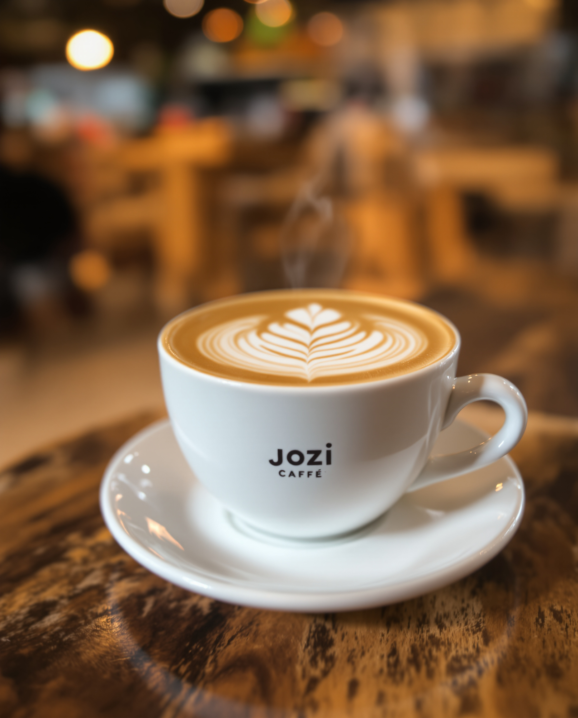 Tasse de café de spécialité avec latte art sur table en bois brut du Jozi Café, ambiance chaleureuse en arrière-plan