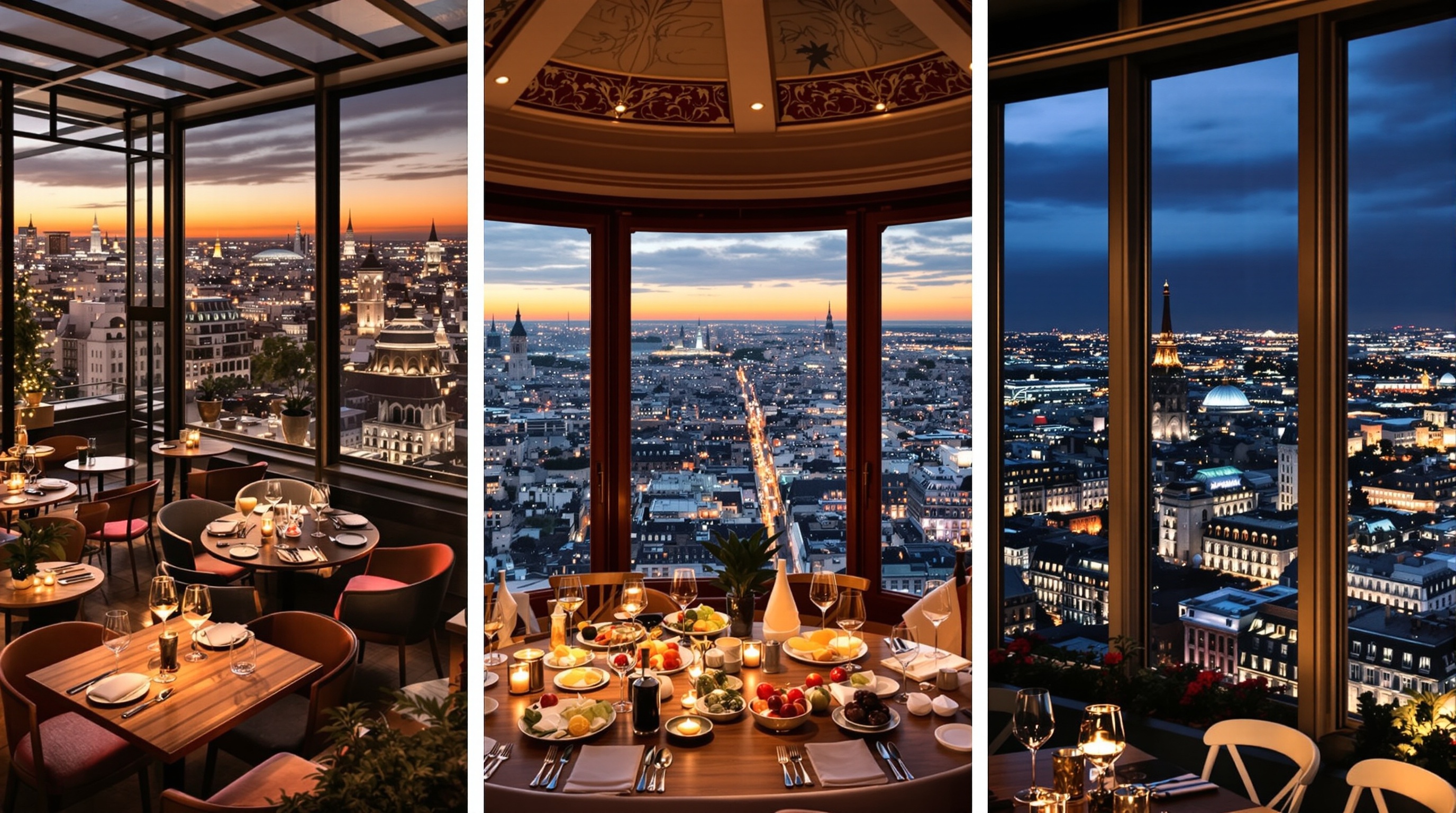 Guide esthétique pour choisir un restaurant avec vue à Montparnasse : rooftop chic au coucher du soleil, brasserie animée de nuit.