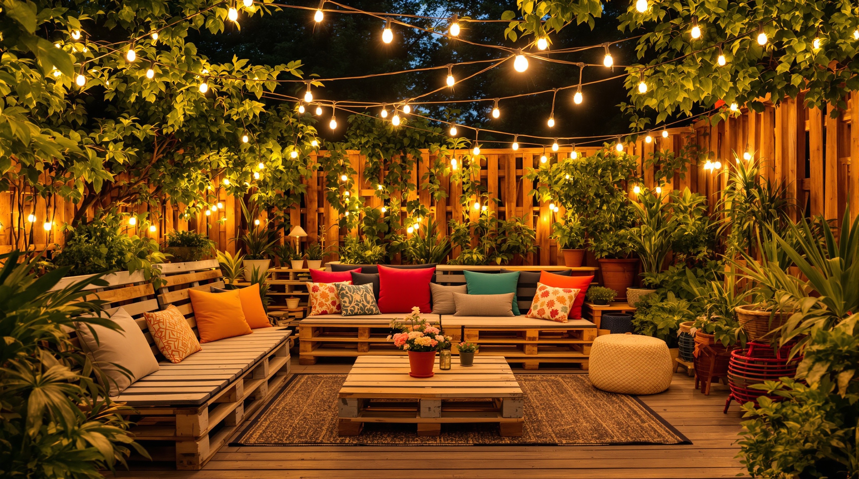 Ambiance guinguette chic sur une terrasse aménagée grâce à des meubles en palettes DIY, des guirlandes solaires et une accumulation de plantes vertes. La preuve qu'un petit budget est le meilleur allié de la créativité.