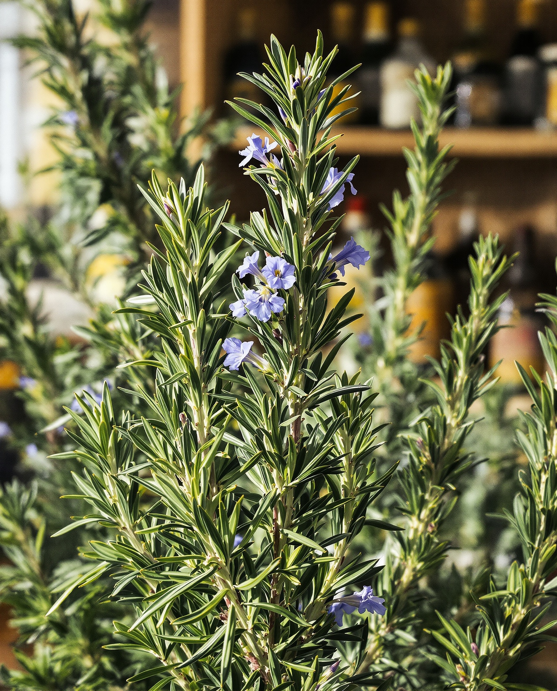 Illustration botanique du romarin, style Dürer, feuilles et fleurs, pharmacie ancienne en arrière-plan.