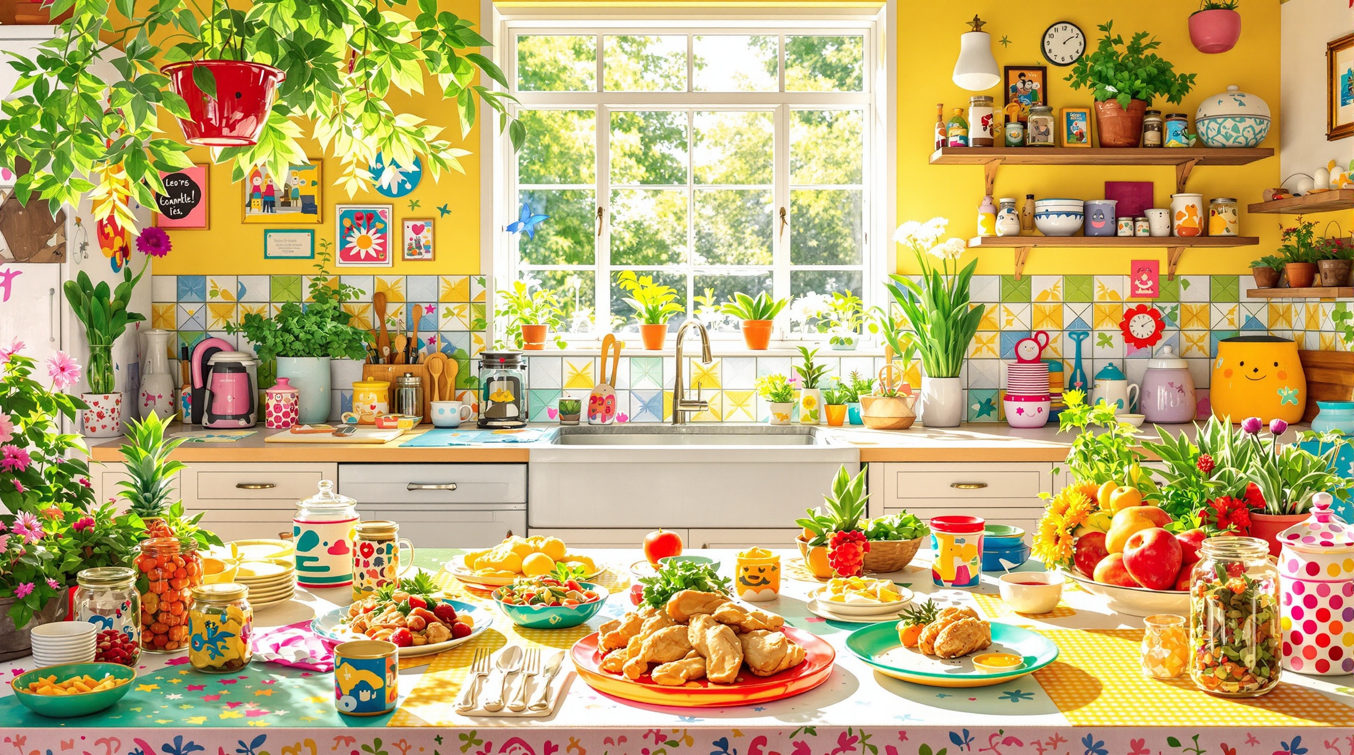 Cuisine anti-gaspi, table colorée, créativité et restes de poulet réinventés.