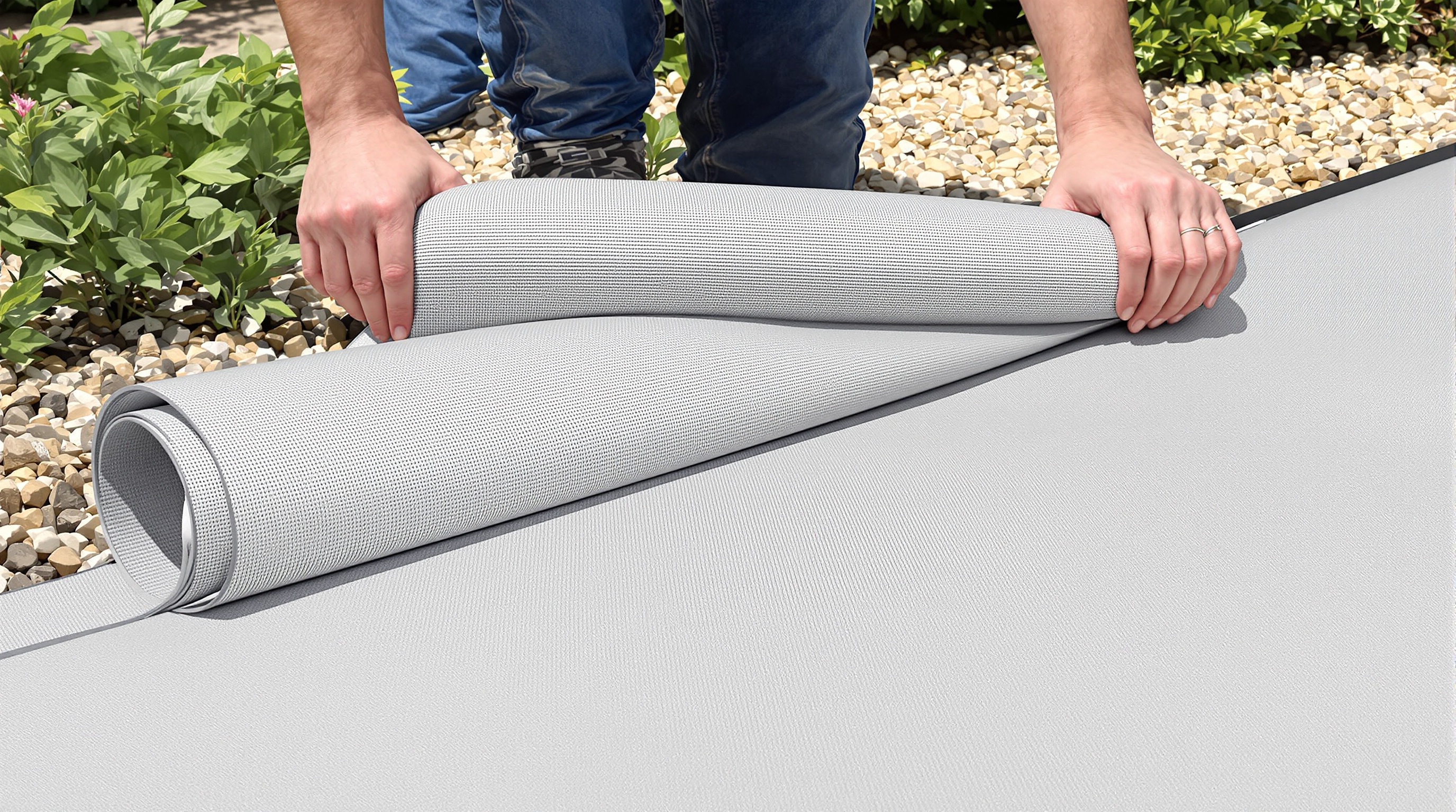 Illustration montrant la pose d'un feutre géotextile sur une allée préparée, avec chevauchement des lés.