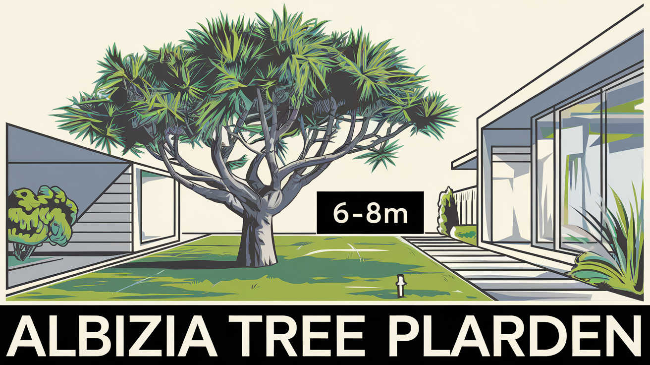 Illustration satirique d'un albizia à distance réglementaire d'une maison moderne