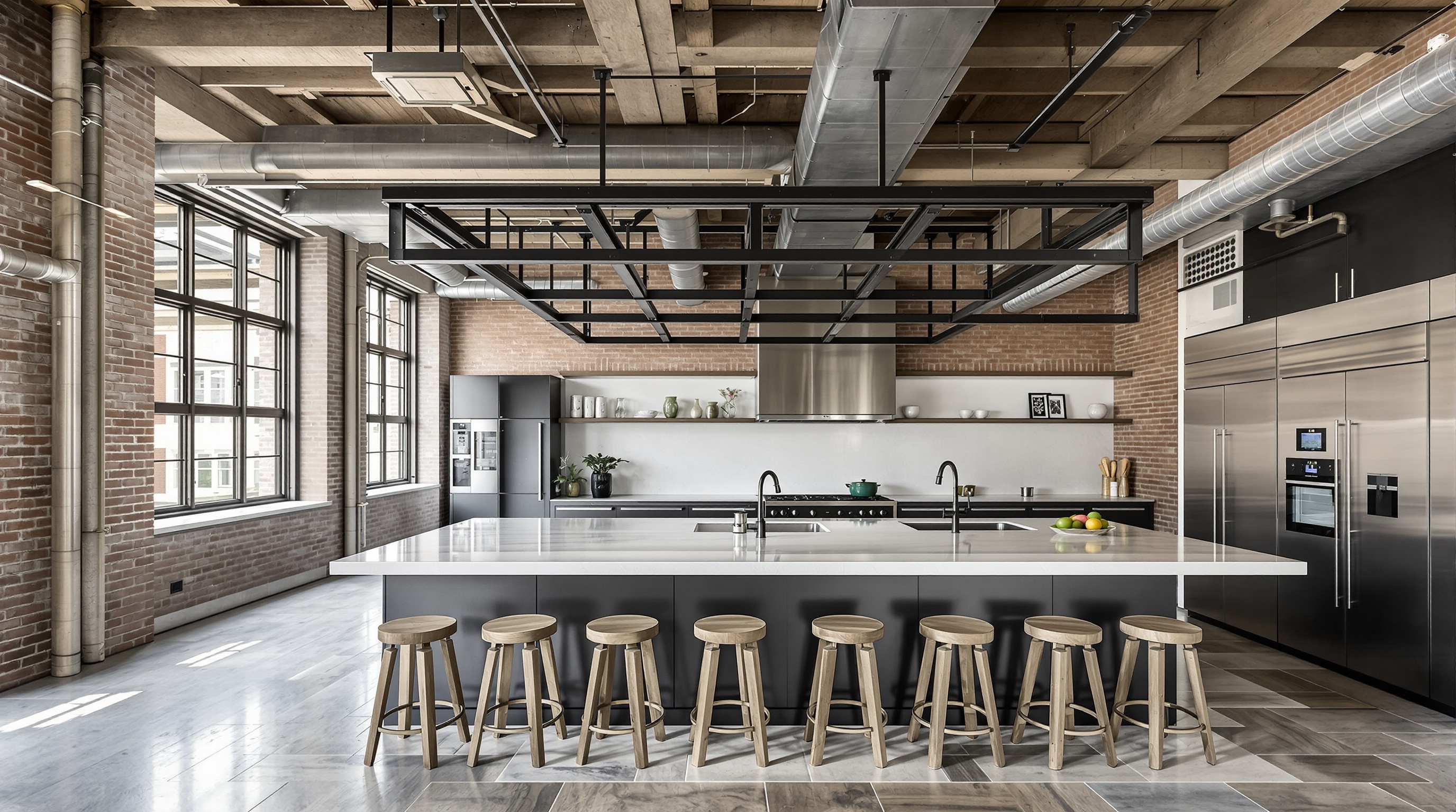 ilôt central massif style industriel béton acier métal apparent