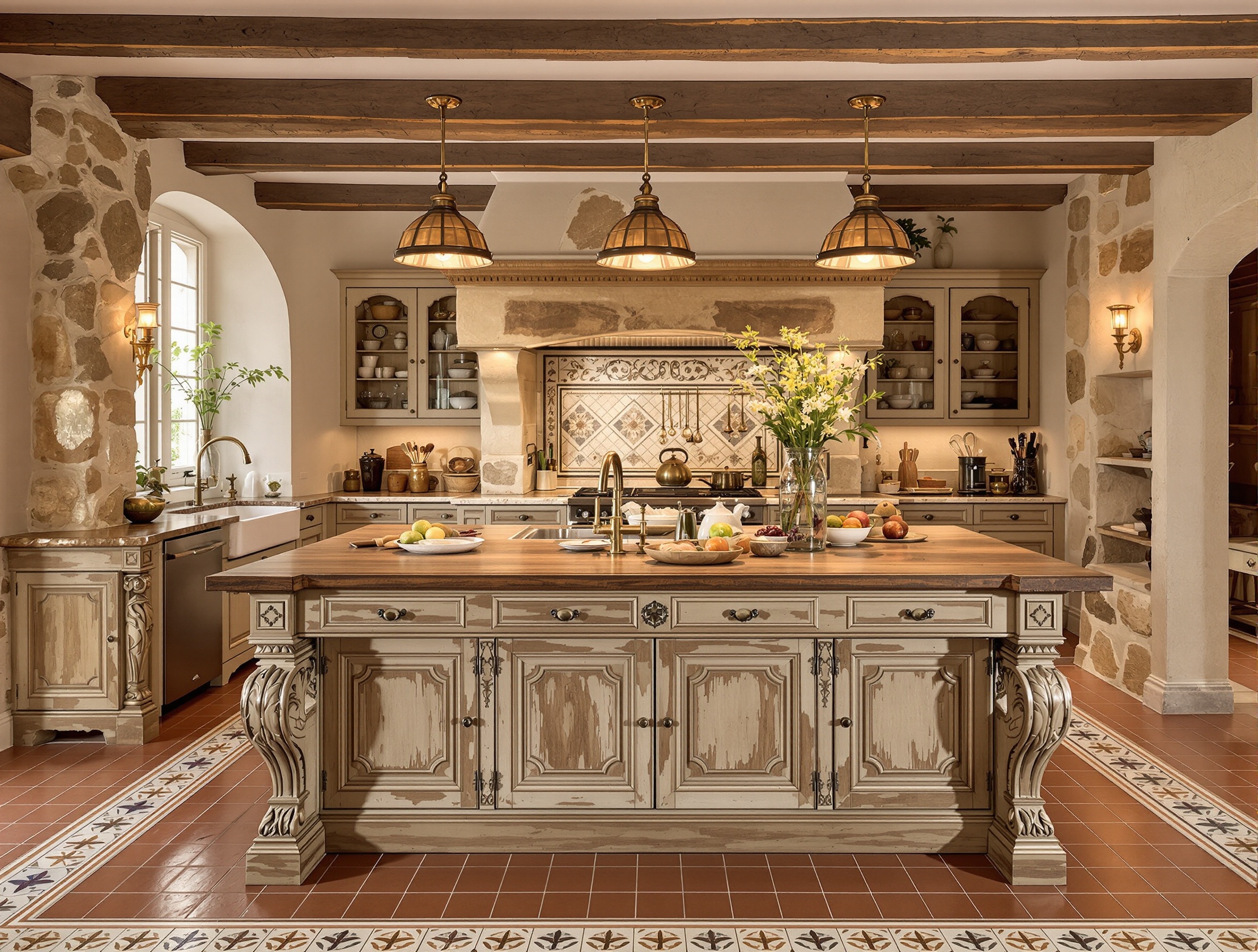 îlot central rustique chic avec tomettes et bois vieilli