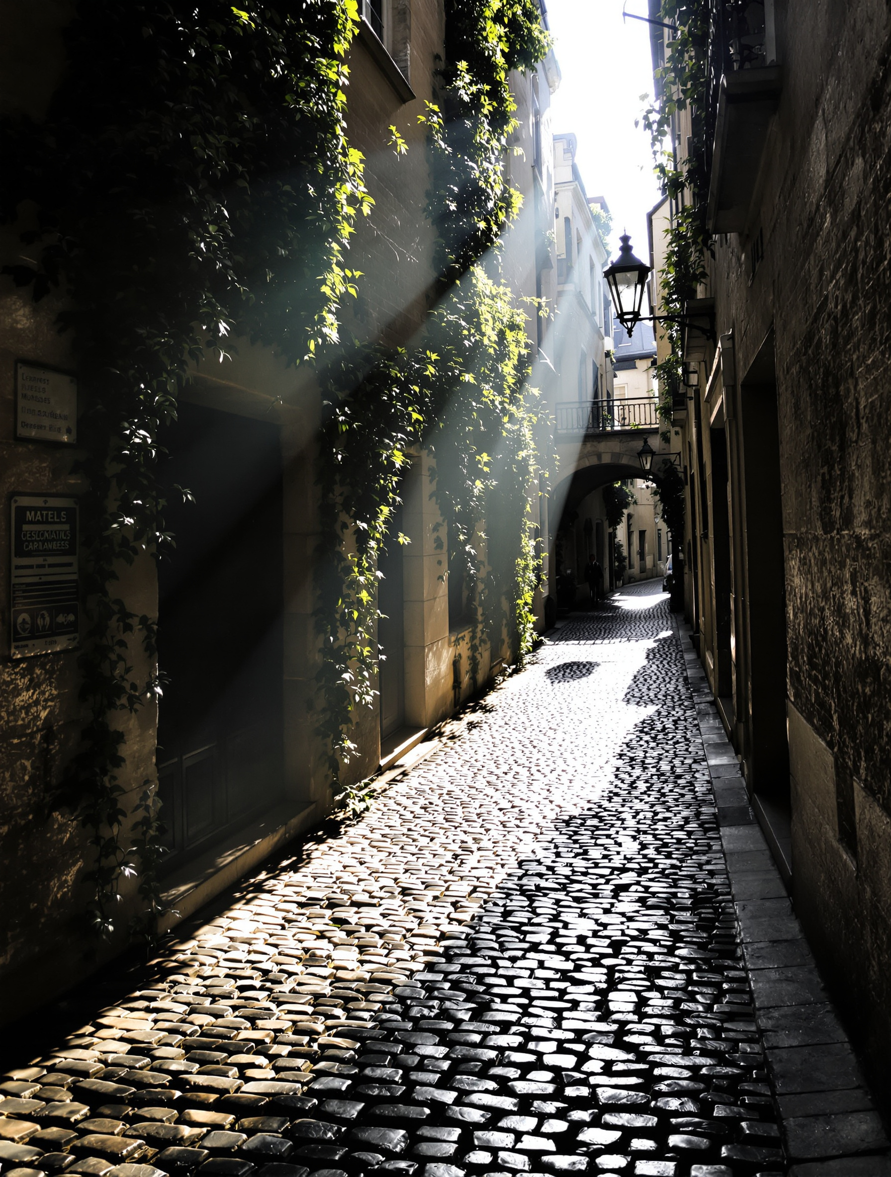 Photographie mystérieuse et contrastée de l'Impasse des Arbalétriers dans le Marais.