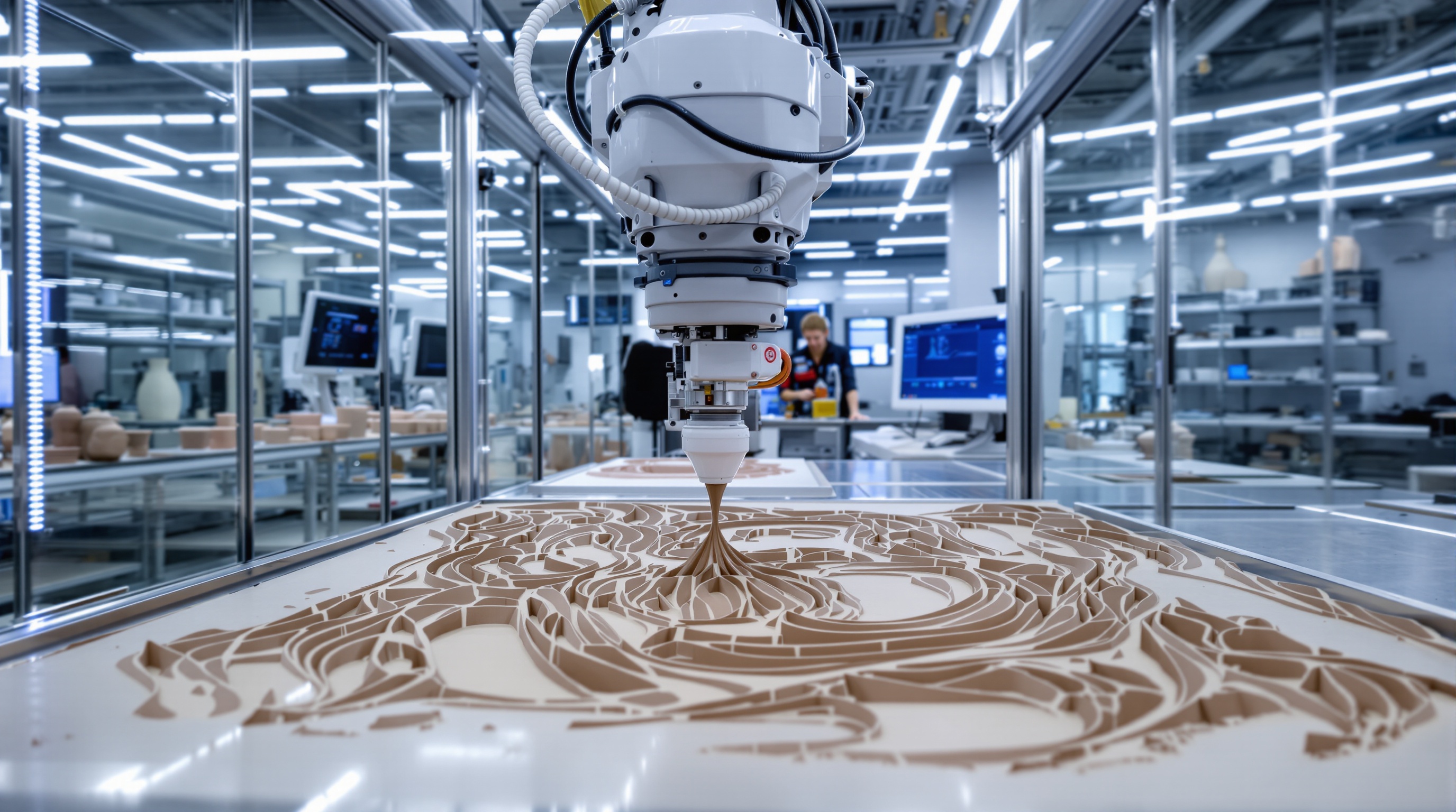 impression 3D de céramique avec bras robotisé, laboratoire high-tech