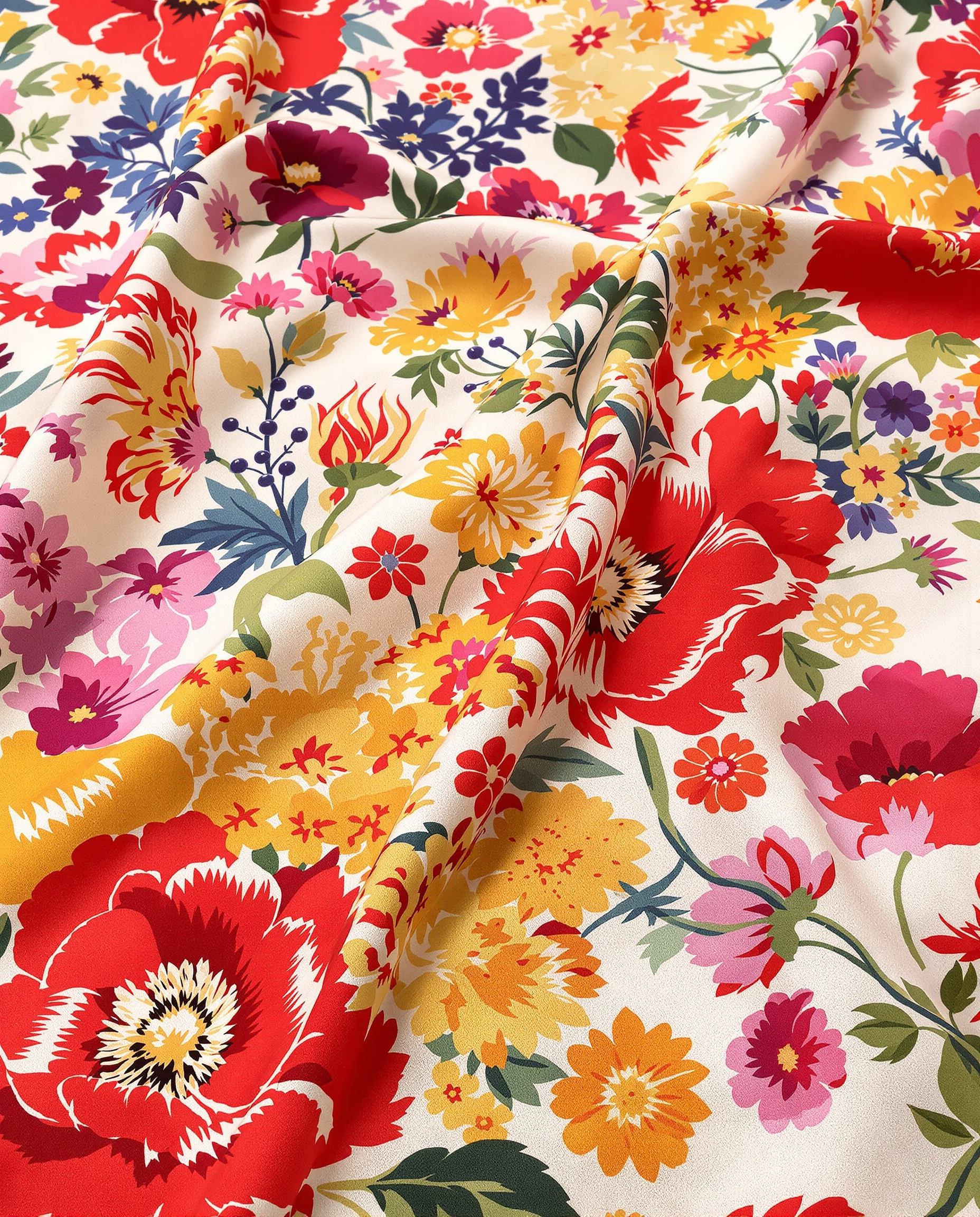 Impression tataki-zomé motif coquelicots et fleurs vives sur tissu blanc