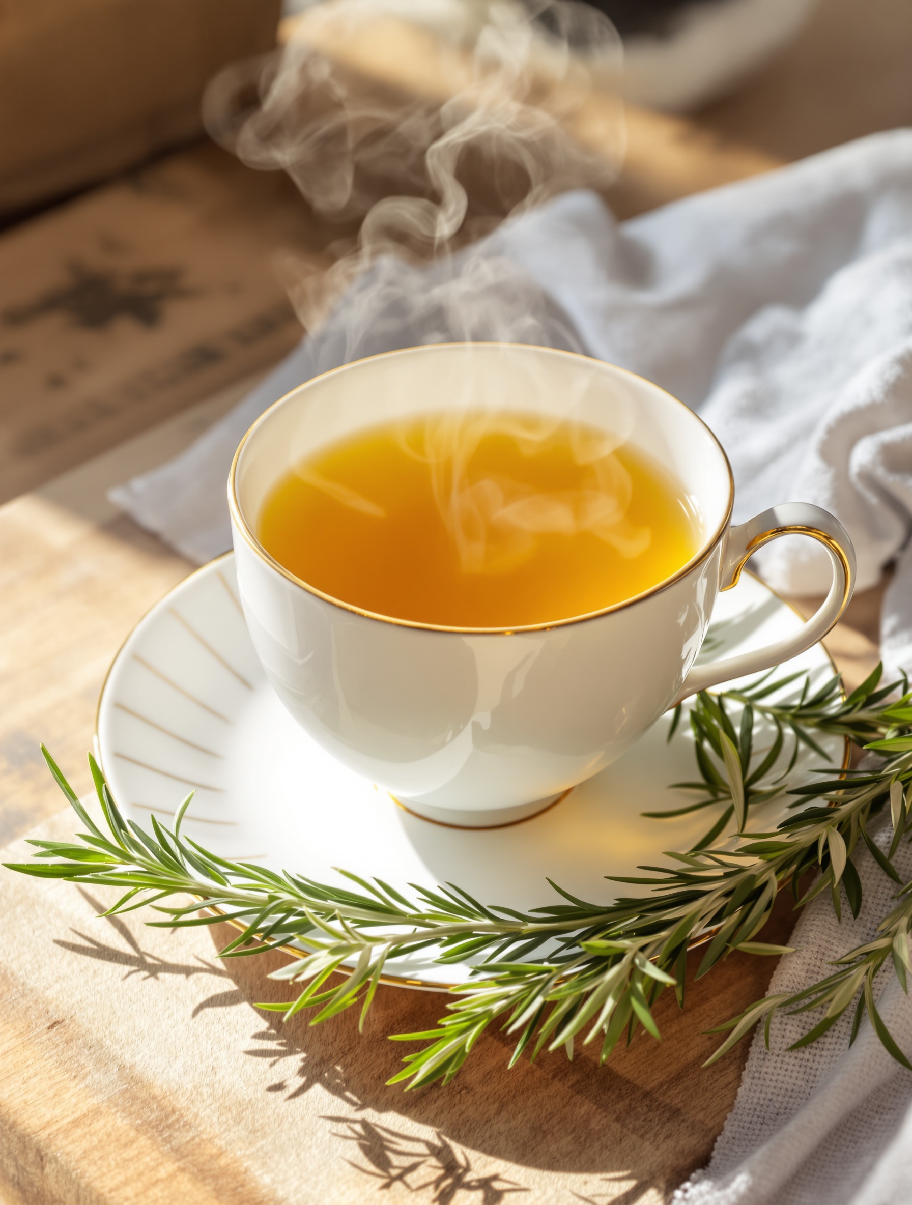 Infusion de romarin, brins frais posés à côté.