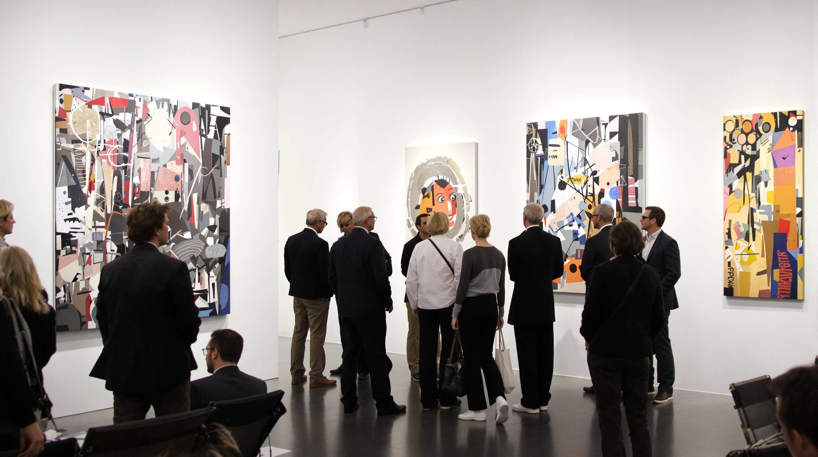Installation artistique contemporaine captivante à la Galerie Keller : espace lumineux, public attentif devant des œuvres abstraites en matériaux mixtes.
