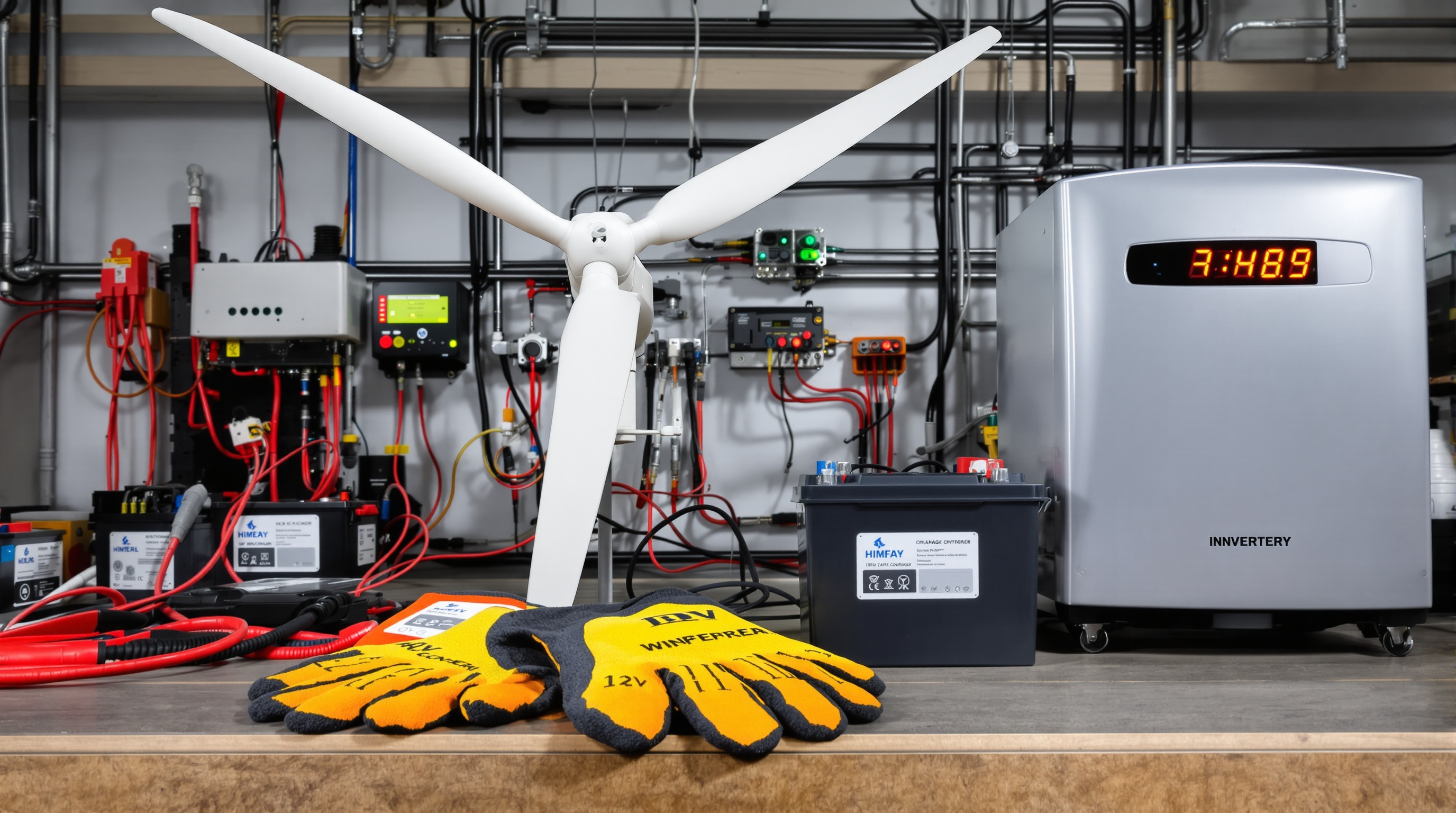 Branchement électrique sécurisé éolienne DIY régulateur batteries gants isolants