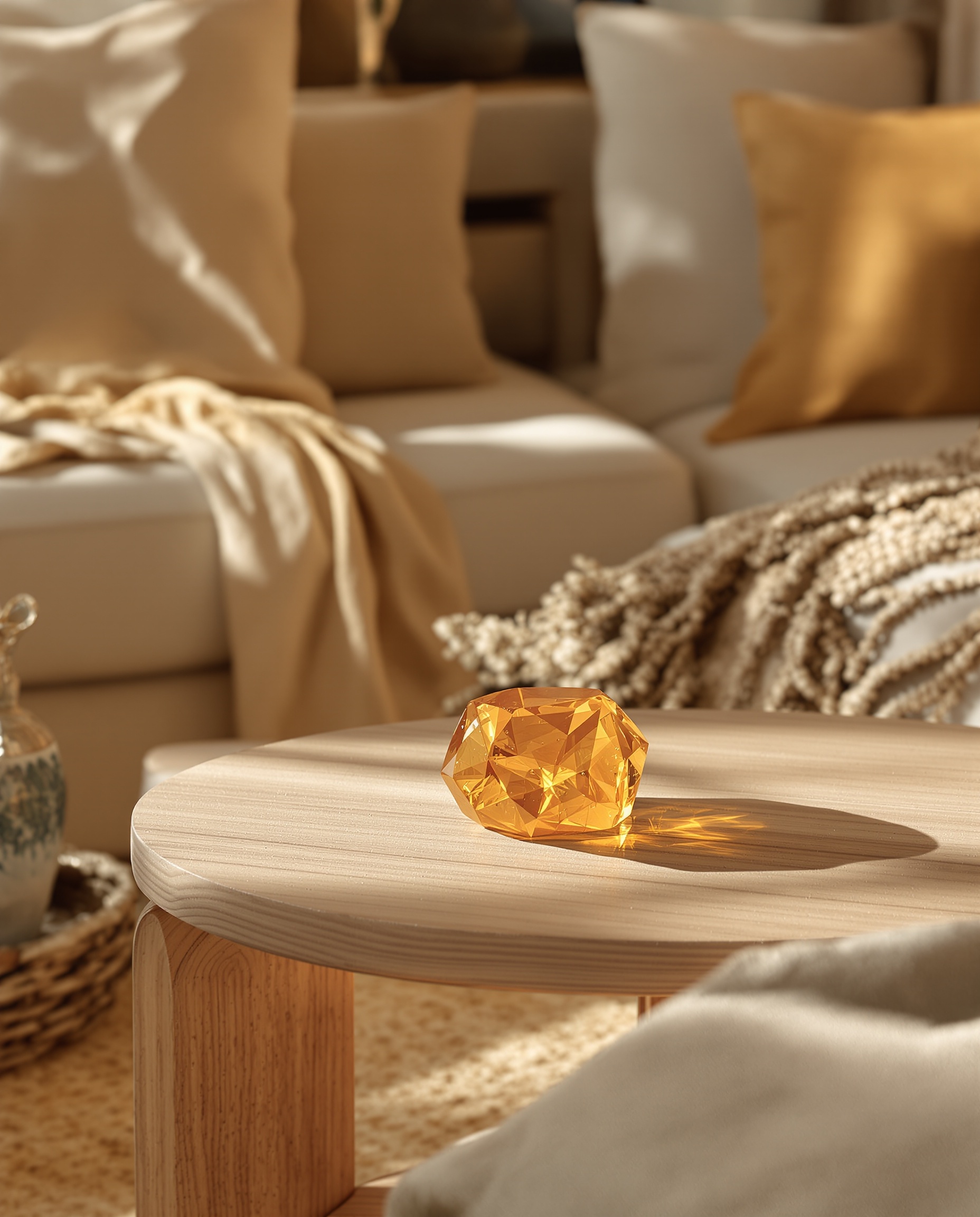 Pierre d'ambre décorative au cœur d'un intérieur naturel moderne, lumière dorée