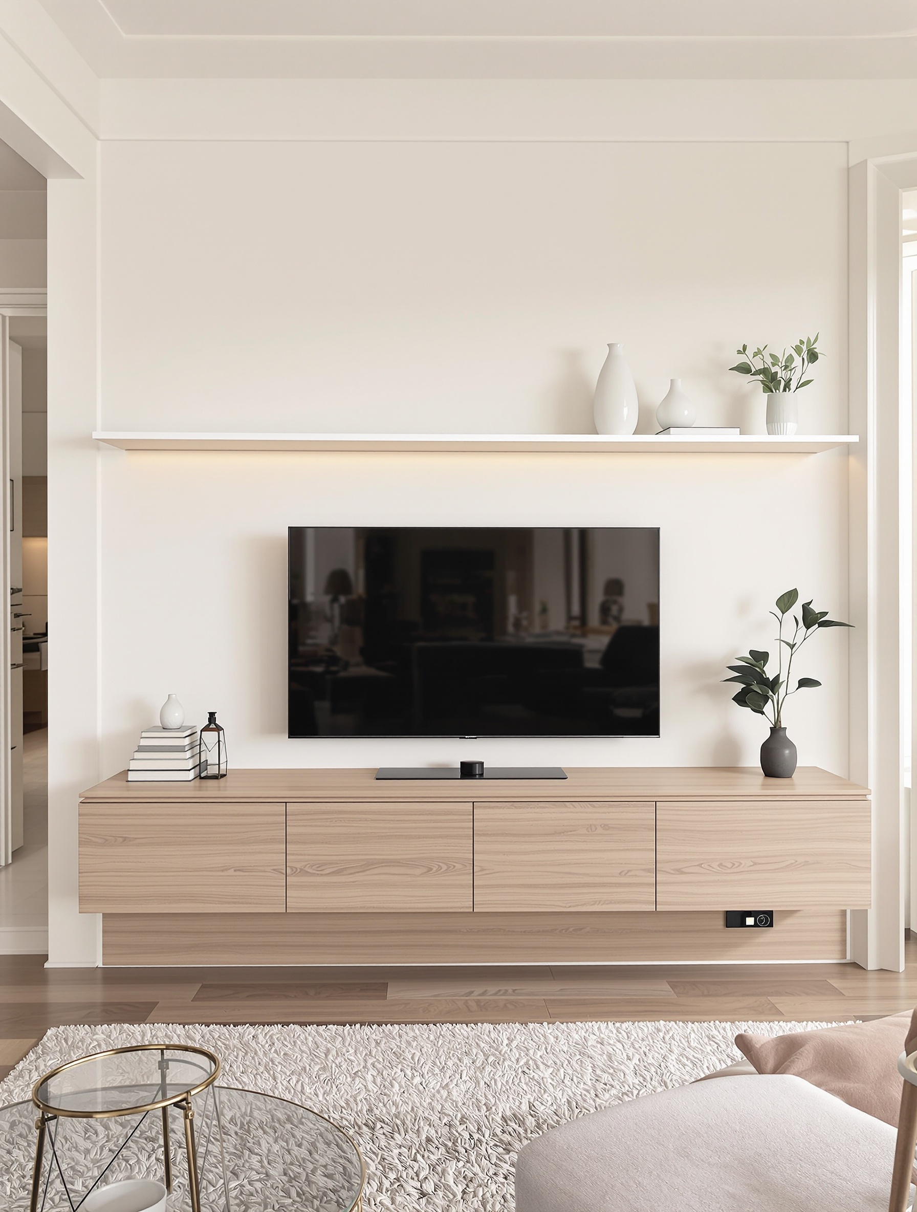 Goulotte cache-câble extra-plate imitation bois peint ton sur ton sous étagère flottante élégante et discrète