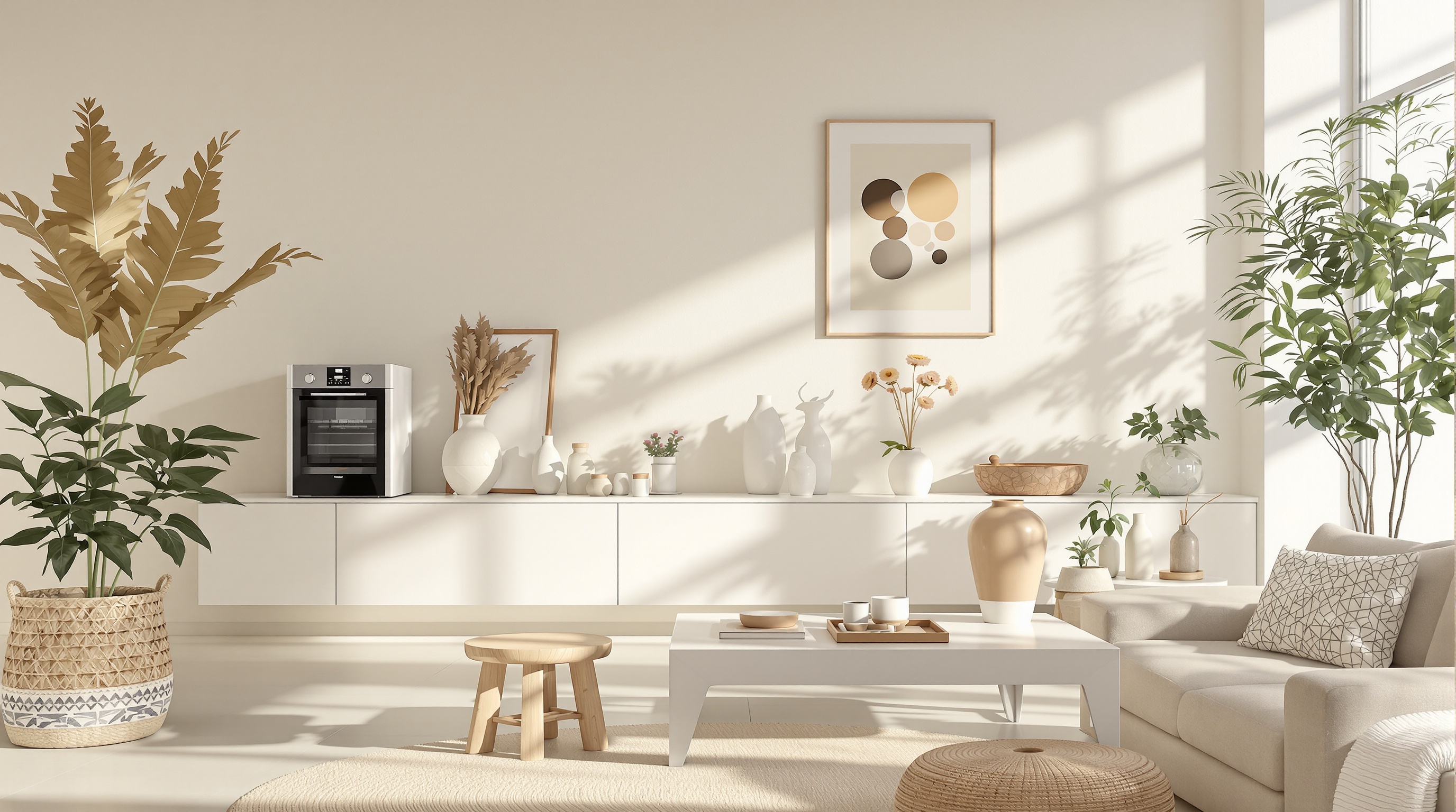 Intérieur contemporain où l'électroménager devient œuvre d'art, ambiance zen et palette neutre