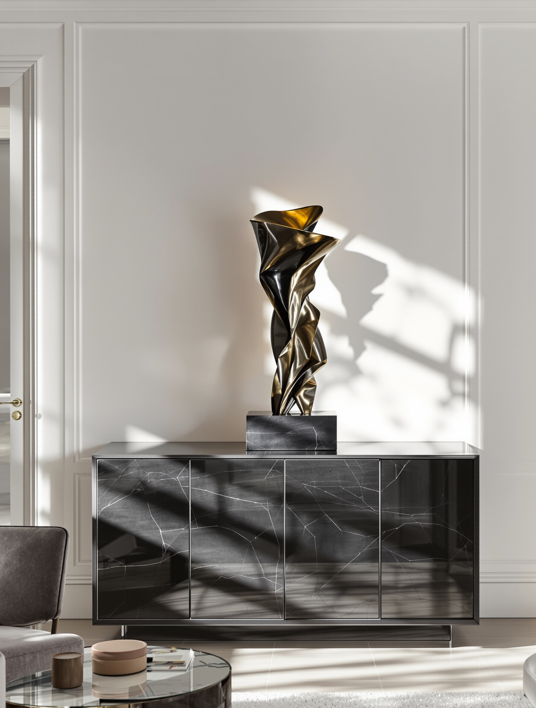 Sculpture française moderne sur console dans un intérieur contemporain