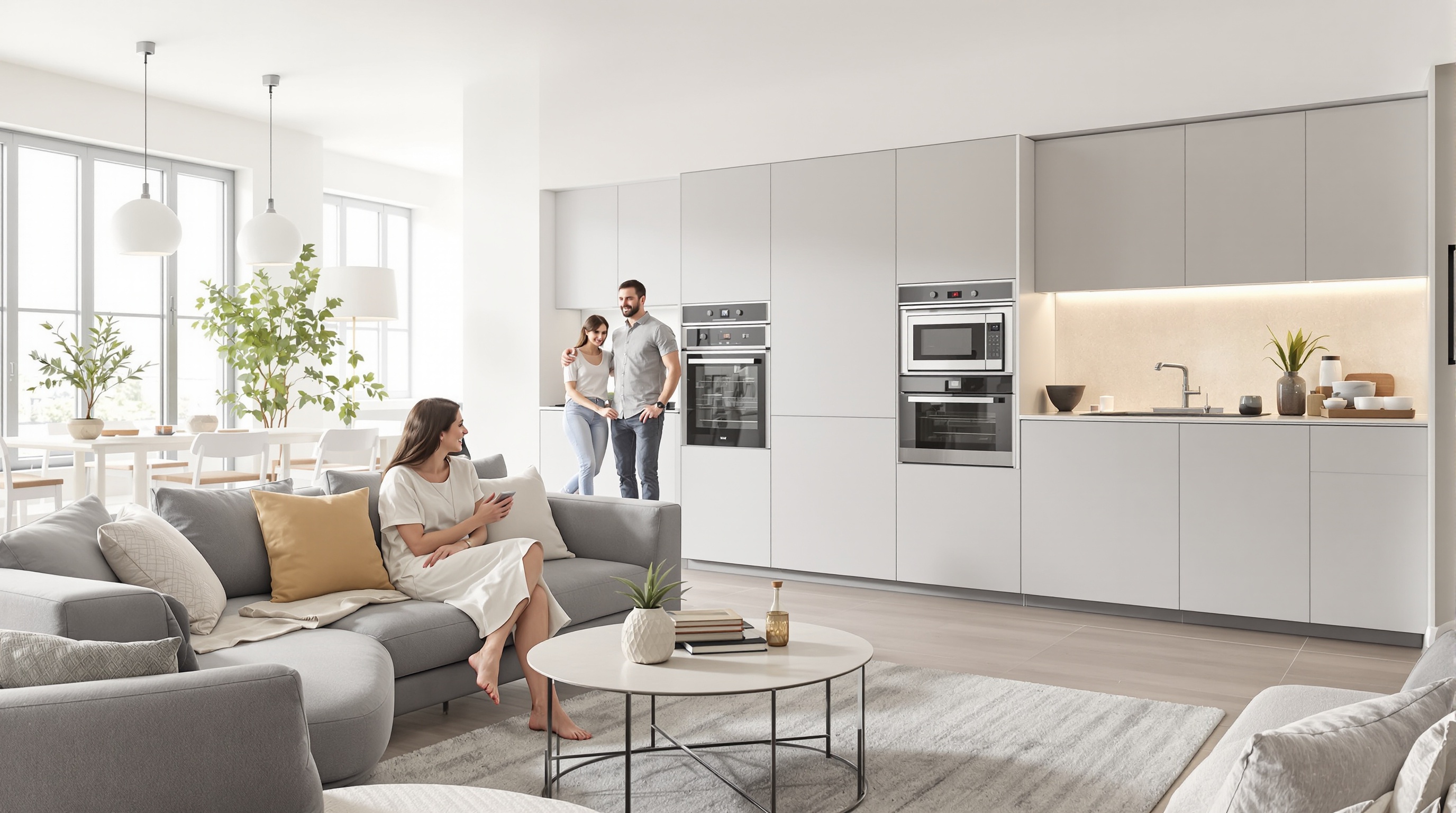 Un intérieur moderne et épuré, avec des appareils électroménagers aux lignes discrètes et intégrées, illustrant la légèreté et la flexibilité d'un mode de vie sans contraintes matérielles. L'image pourrait montrer un jeune couple dans un appartement lumineux, sans encombrement inutile, symbolisant le bien-être et la sérénité offerts par la location d'électroménager.